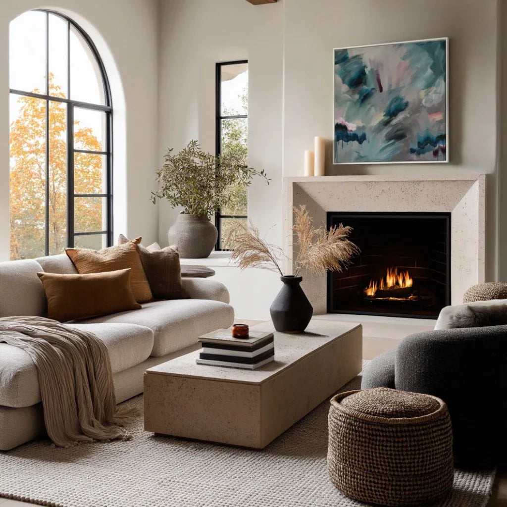 Modern living room with a fireplace, couch, and abstract painting.