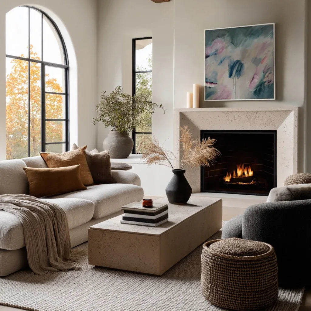 Modern living room with a fireplace, sofa, and decorative elements.