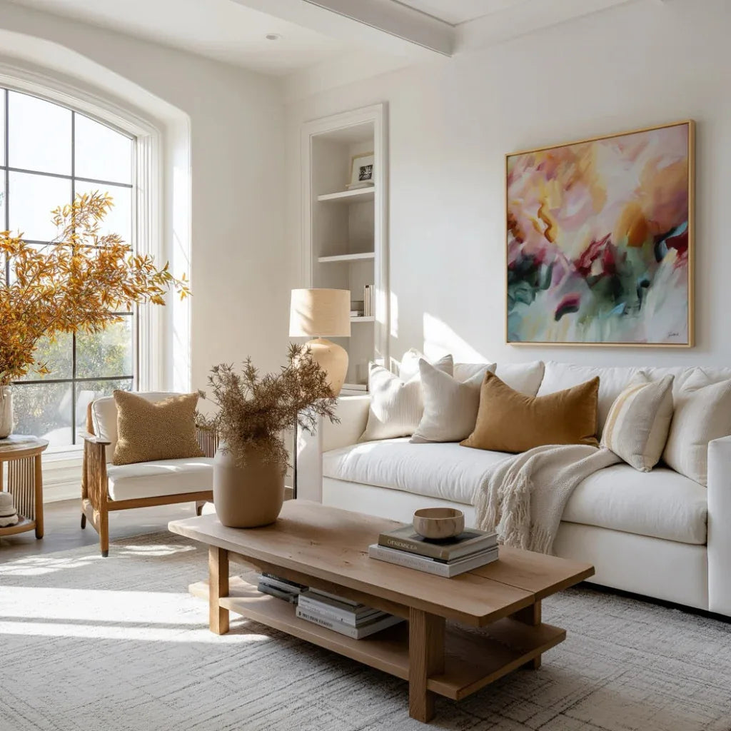 Modern living room with white sofa, wooden coffee table, and abstract art on the wall.