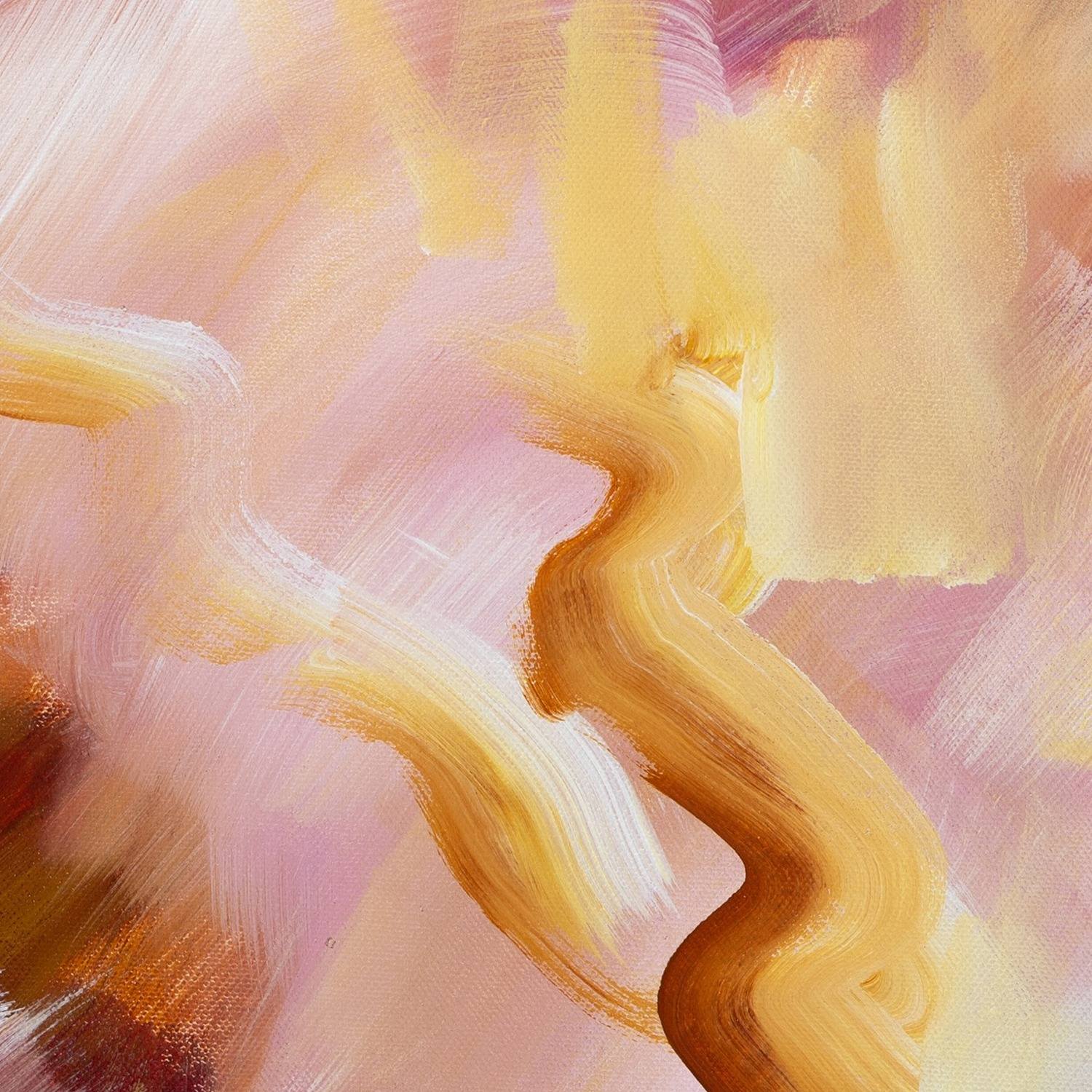 A Sunset's Embrace 2 vertical canvas print, close-up of blush pink and golden yellow brushstrokes.