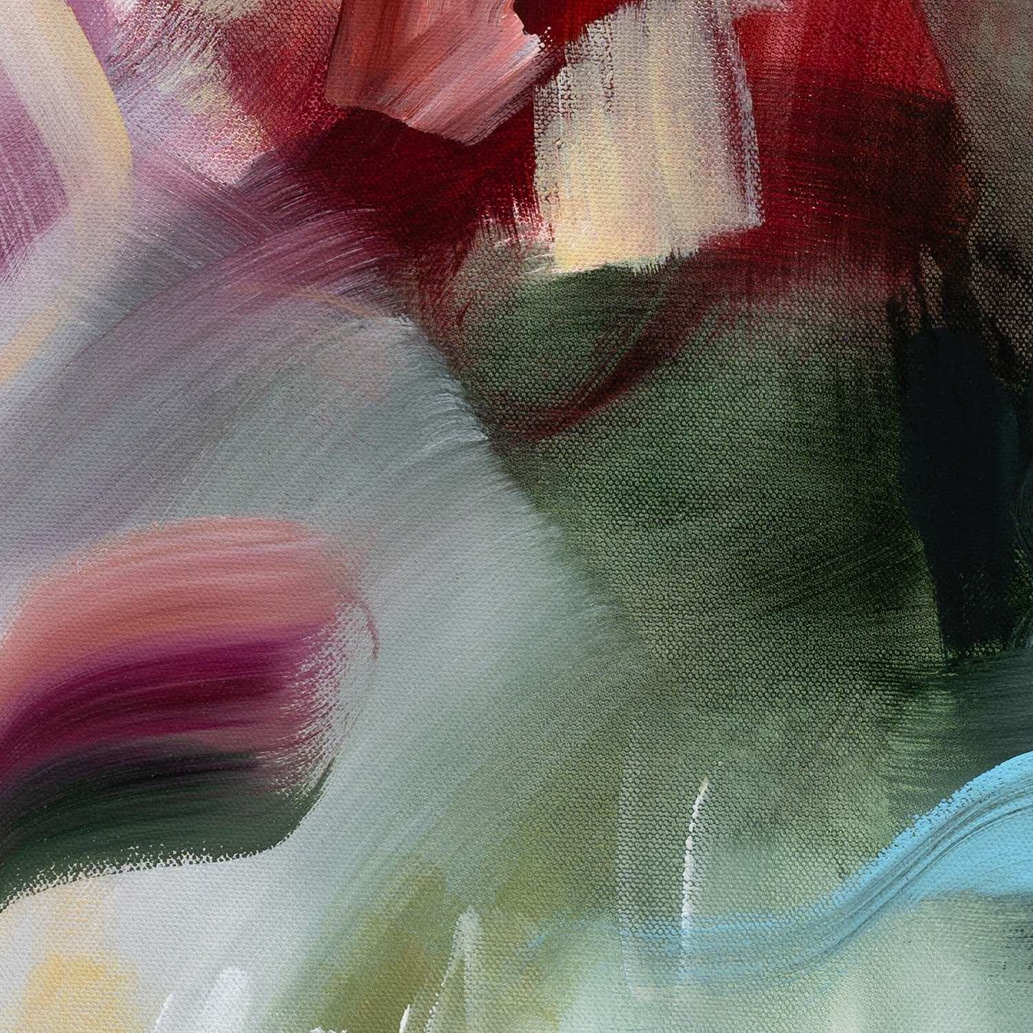 A Sunset's Embrace 2 vertical canvas print, detail of red, green and teal brushwork.