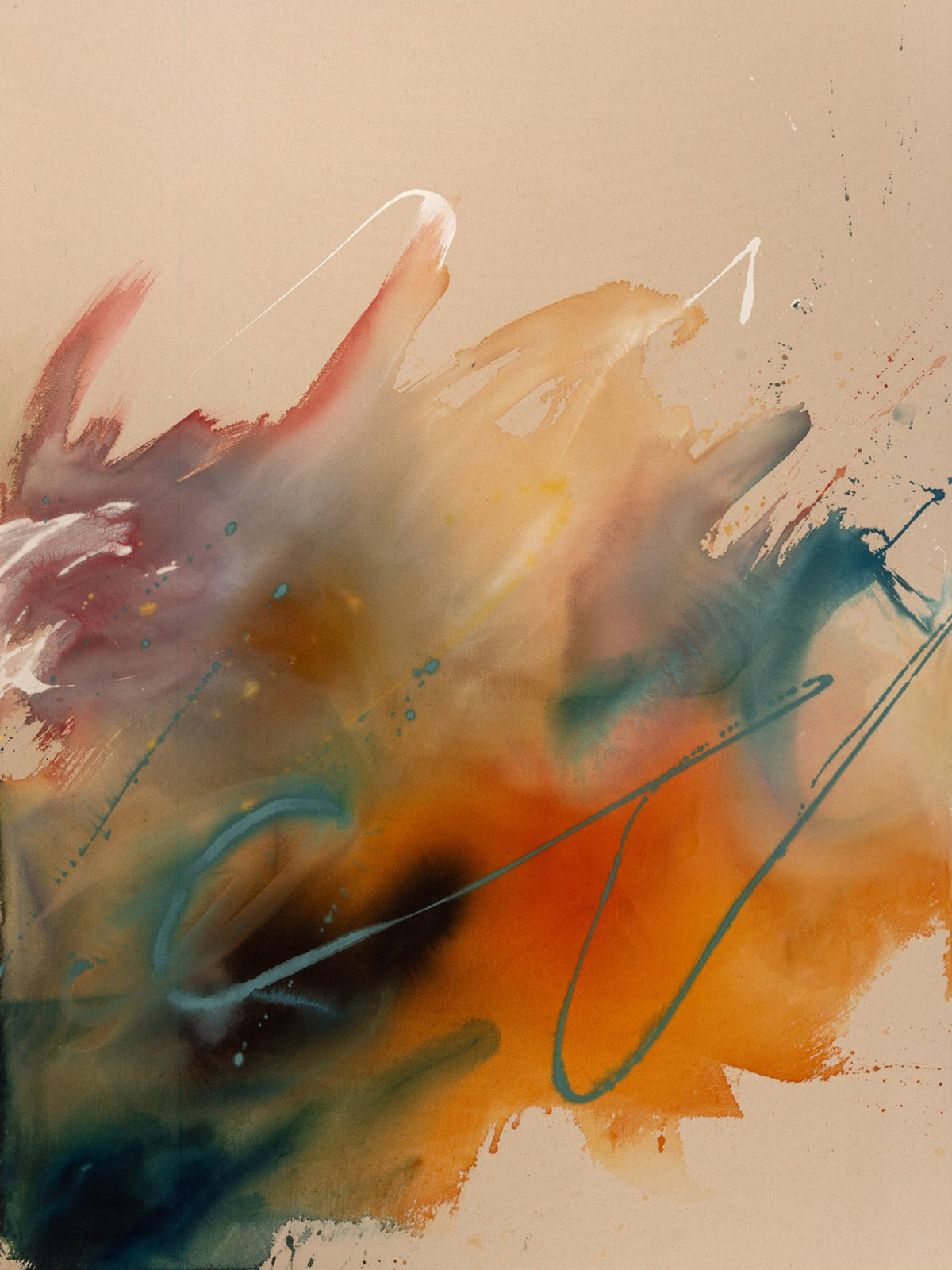 Unfolding Ember, original abstract painting by Joanna Gilbert in burnt orange and deep blue, full view of the canvas