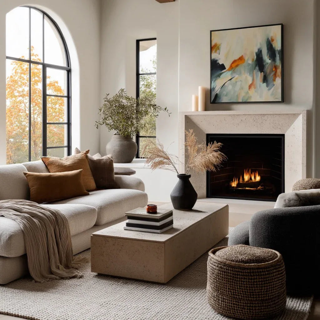 Cozy living room with a fireplace, couch, and decorative elements.