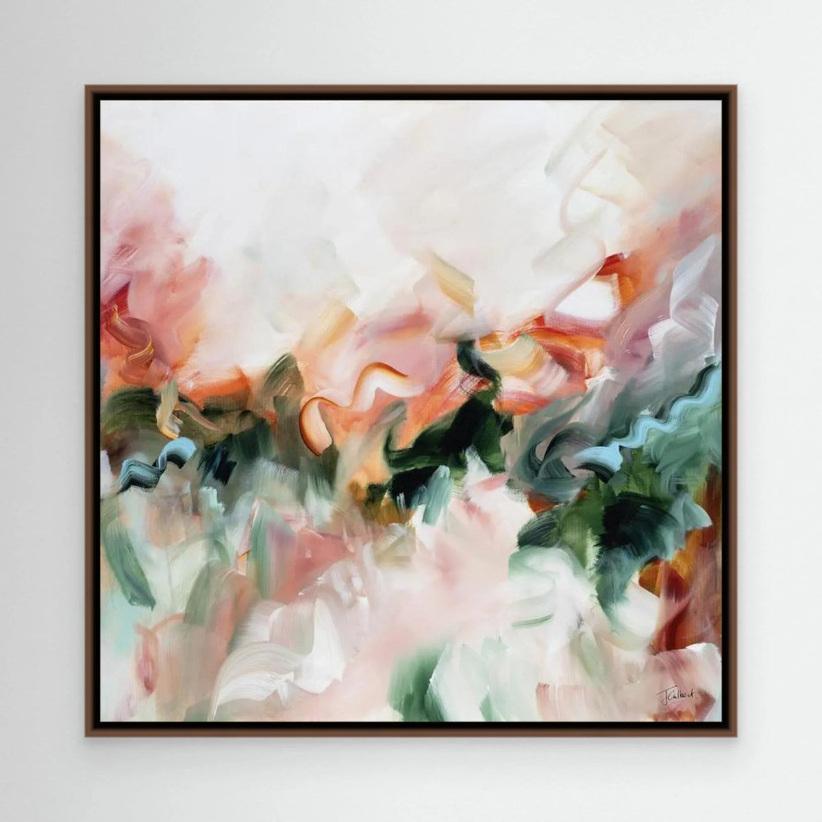 Whispers in the Forest 1 abstract canvas print in a dark oak floating frame