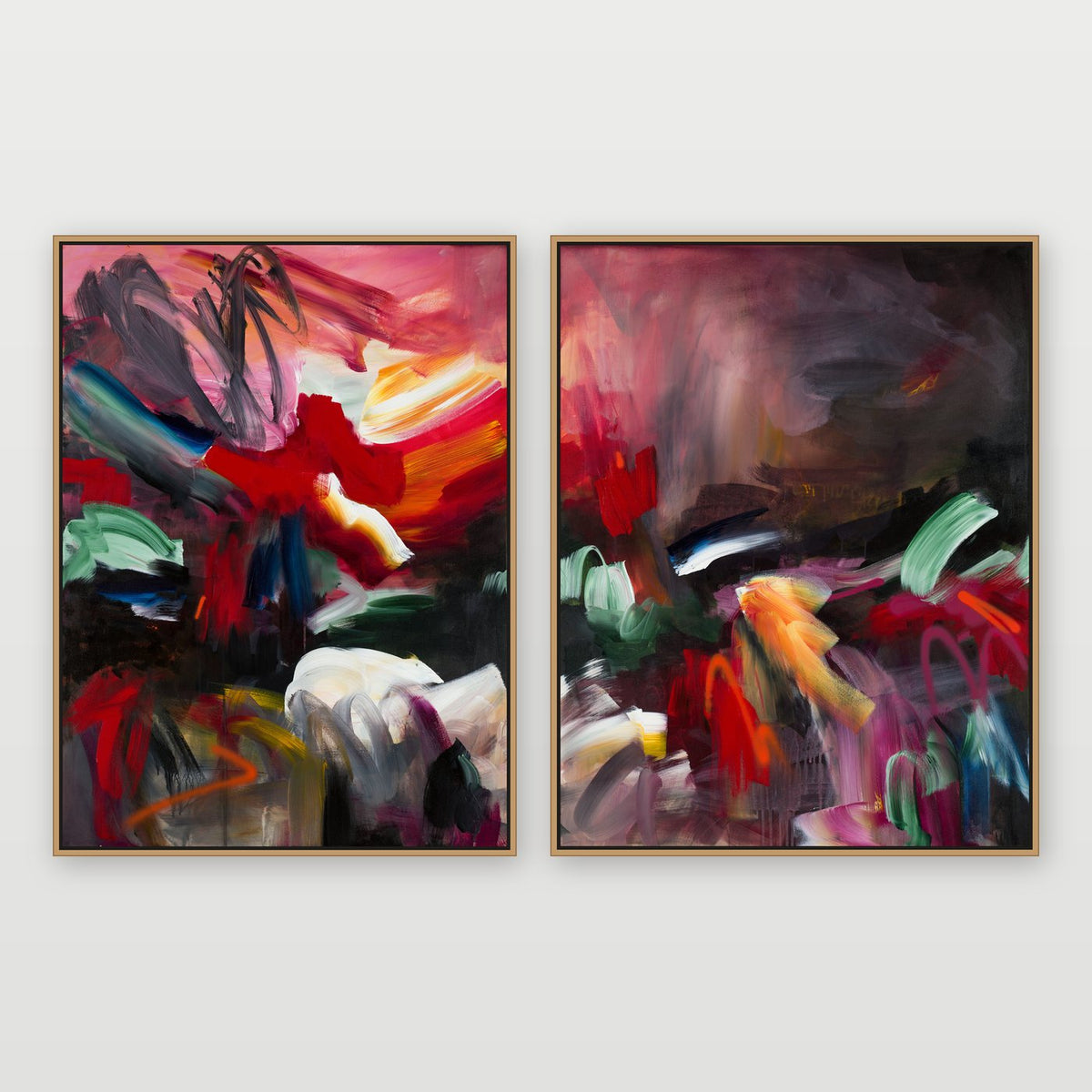 Aphrodite 1 and 2 original abstract paintings by Joanna Gilbert, shown as a pair in oak float frames