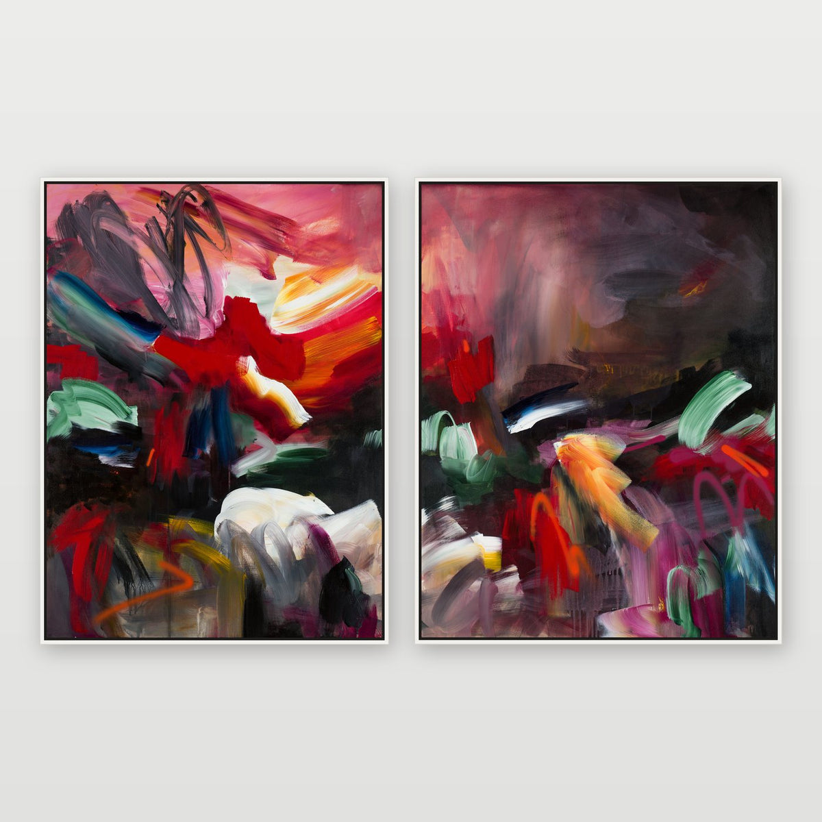 Aphrodite 1 and 2 original abstract paintings by Joanna Gilbert, shown as a pair in white float frames