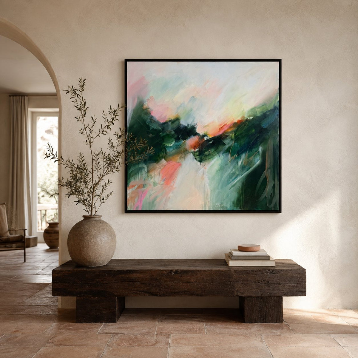 Aura, original abstract painting by Joanna Gilbert in a black float frame, in a living room setting
