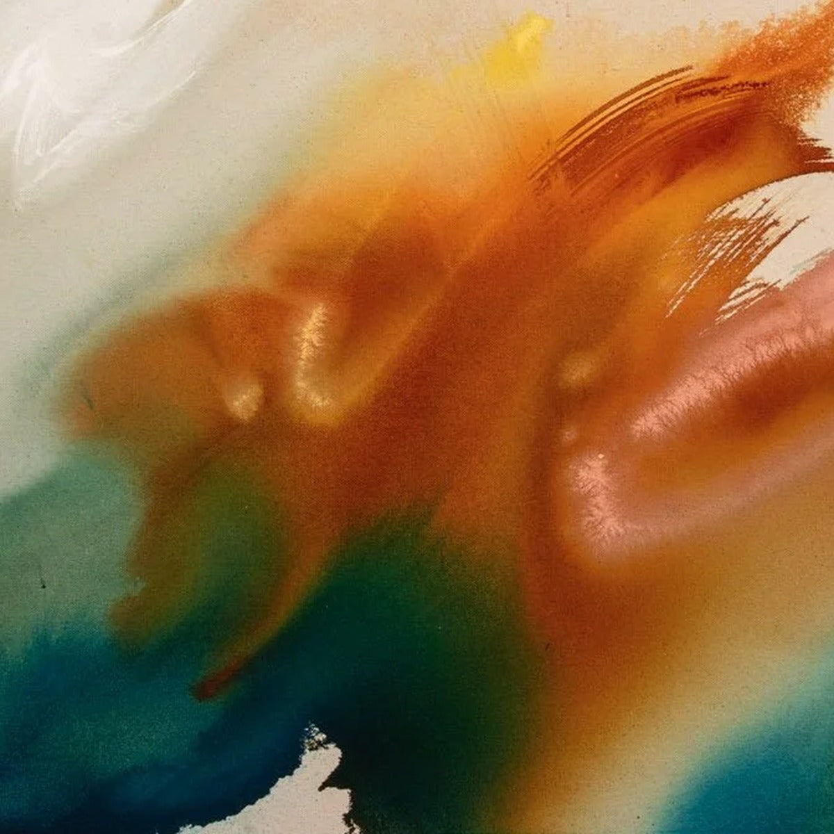 Awake at Dusk, original abstract painting by Joanna Gilbert, close detail of burnt orange and deep green brushwork