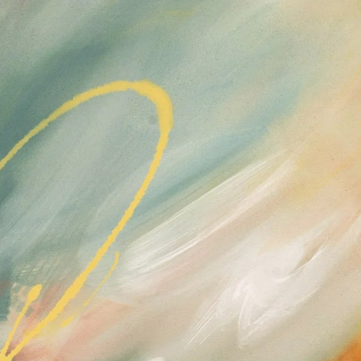 Awake at Dusk, original abstract painting by Joanna Gilbert, close detail of a yellow loop over soft sea green