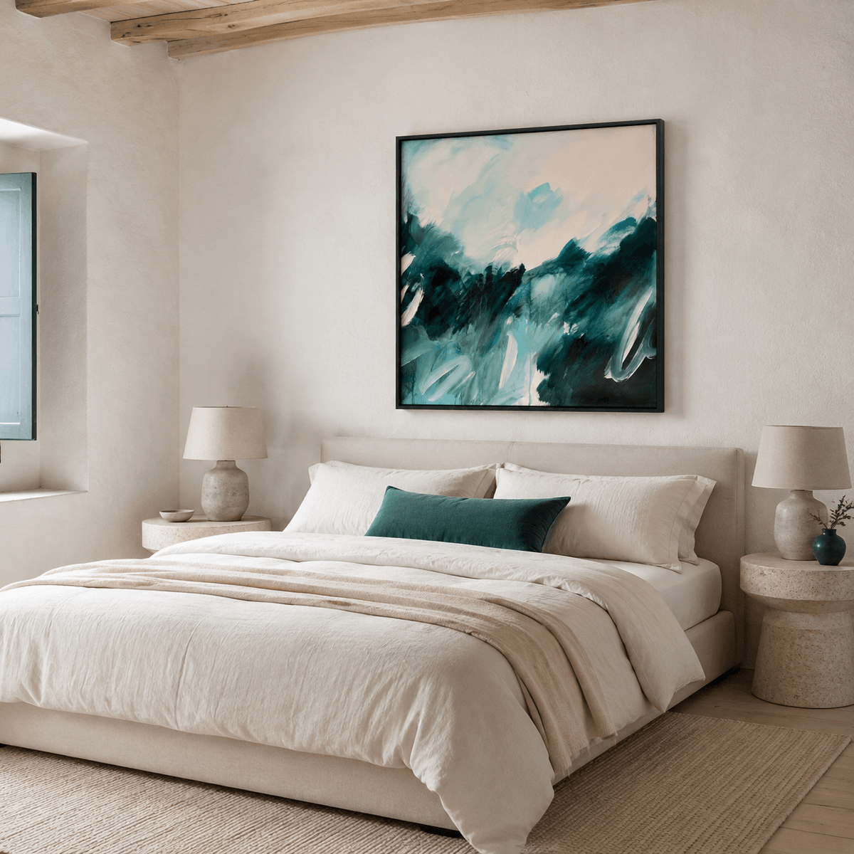 Beneath the Surface, original abstract painting by Joanna Gilbert, hung above a bed in a calm bedroom