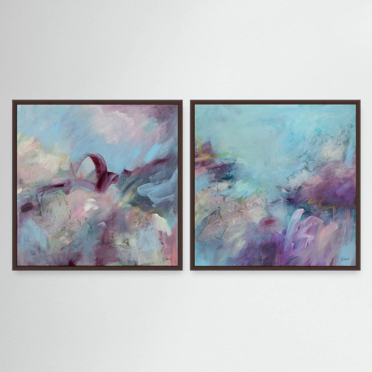 Blue Skies & Blossom pair, two abstract framed canvas prints by Joanna Gilbert in dark oak frames