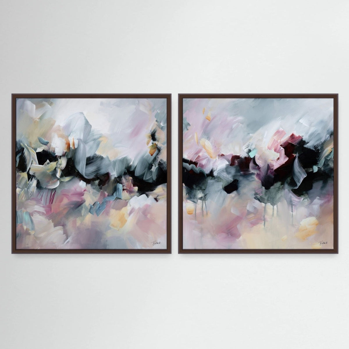 Celestial Rose pair, two abstract framed canvas prints by Joanna Gilbert in dark oak frames