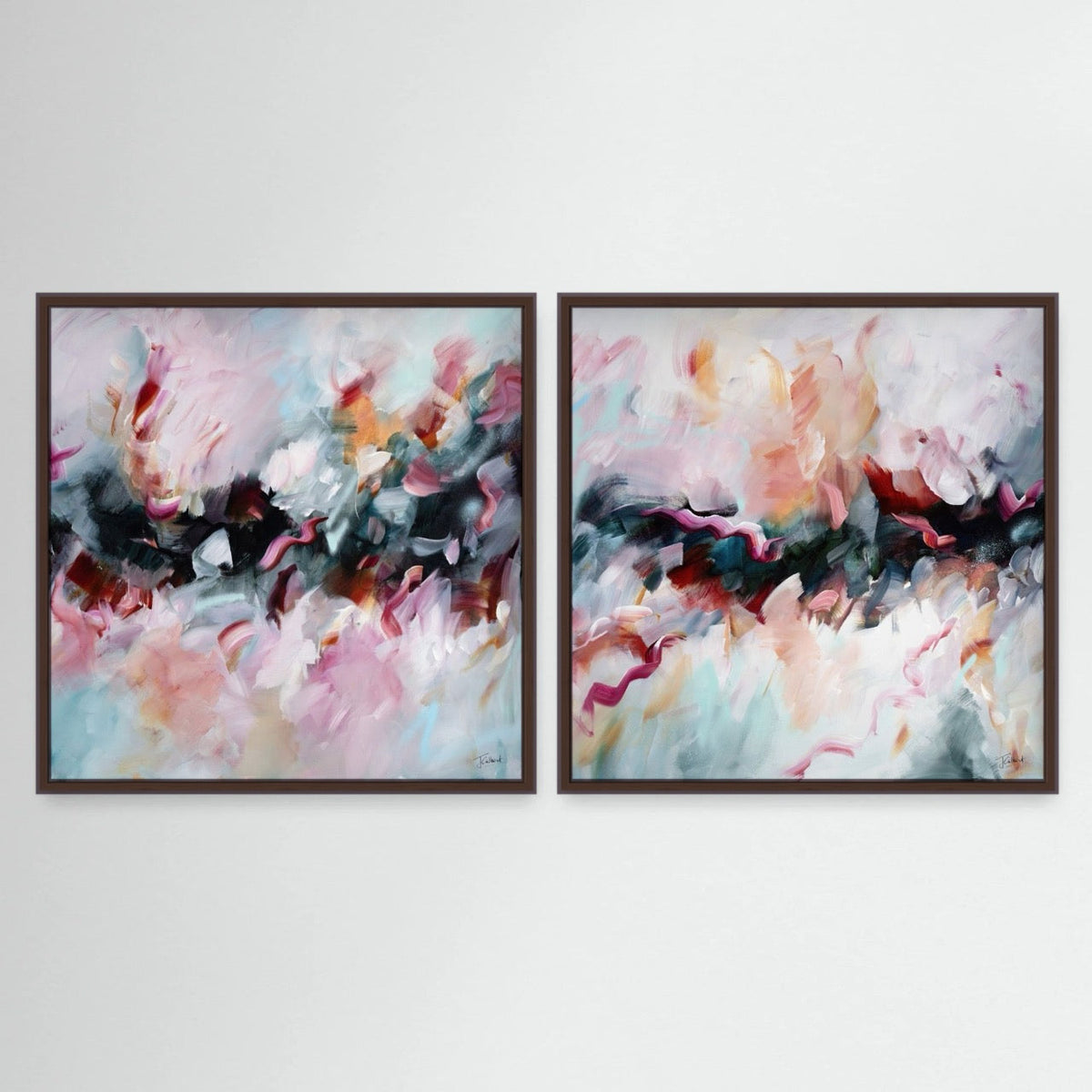 Corps de Ballet pair, two abstract framed canvas prints by Joanna Gilbert in dark oak frames