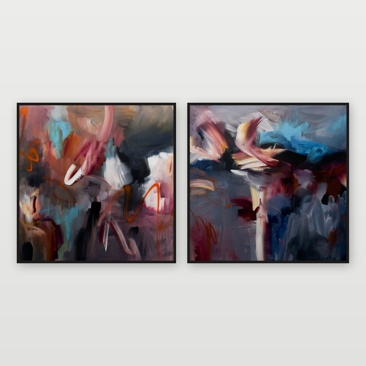 Dancing Leaves and Inner Flame original abstract paintings by Joanna Gilbert, shown as a pair in black float frames