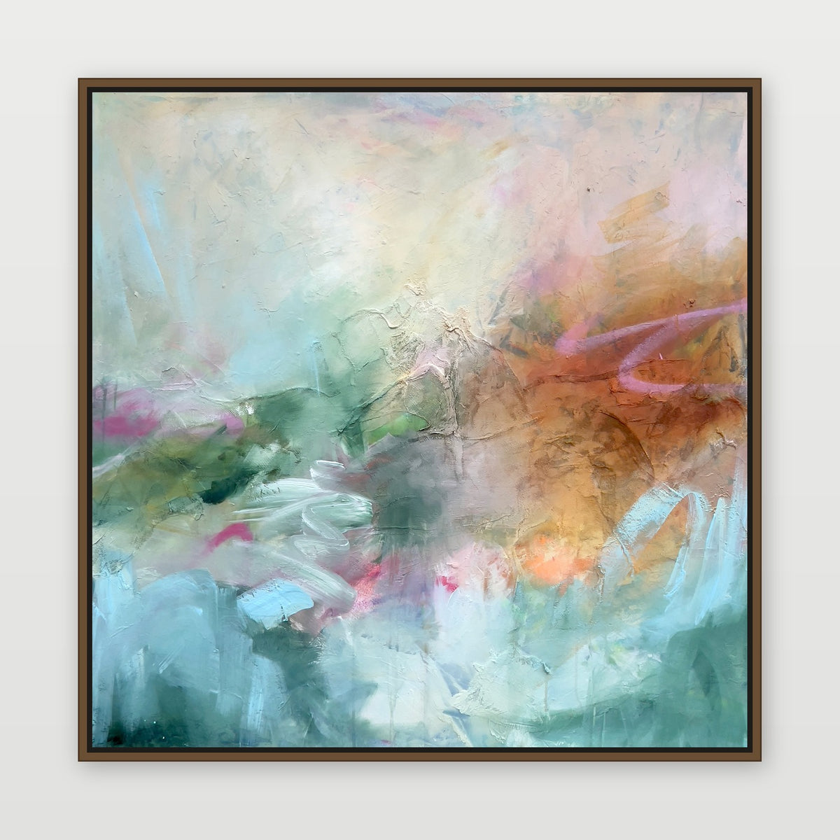 Desert at Dawn by Joanna Gilbert, shown in a dark oak float frame