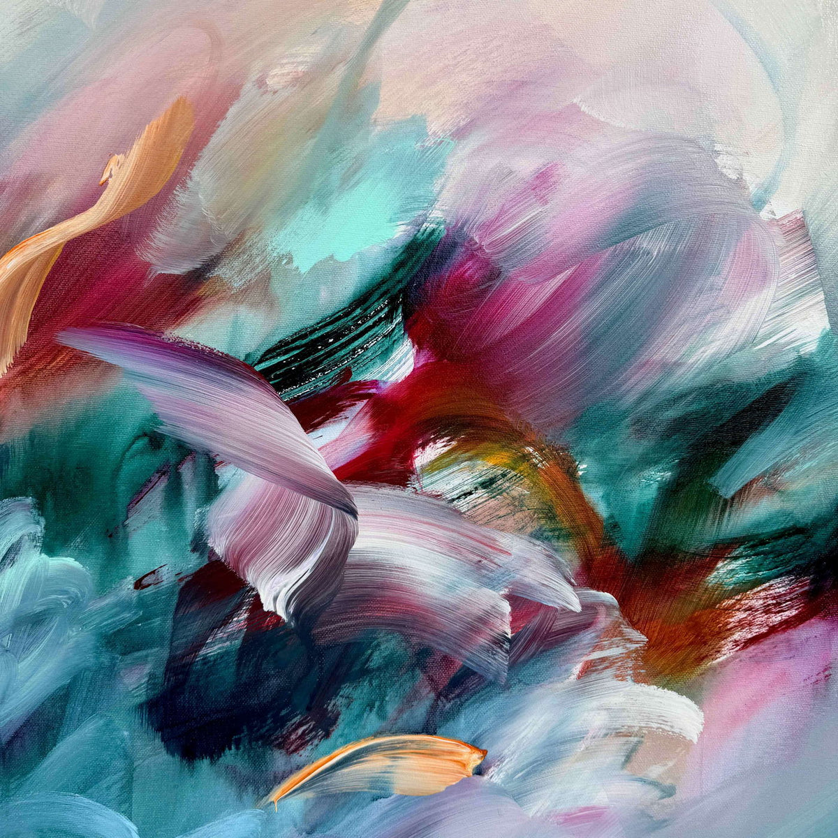 Dreaming in Colour by Joanna Gilbert, close detail of pink, teal and cream brushwork