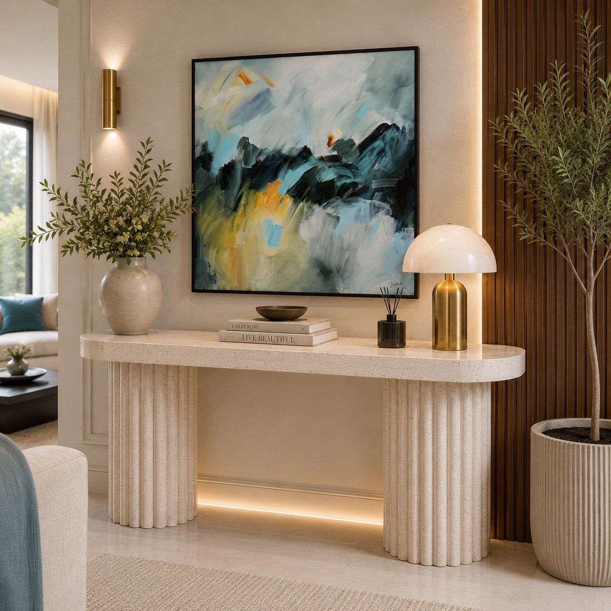 Dynamic Horizons 1 abstract framed canvas print styled above a console table in a modern hallway.