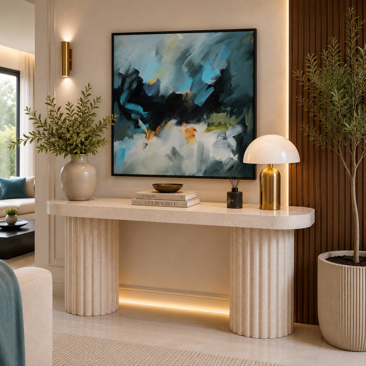 Dynamic Horizons 2 abstract framed canvas print styled above a console table in a modern hallway.