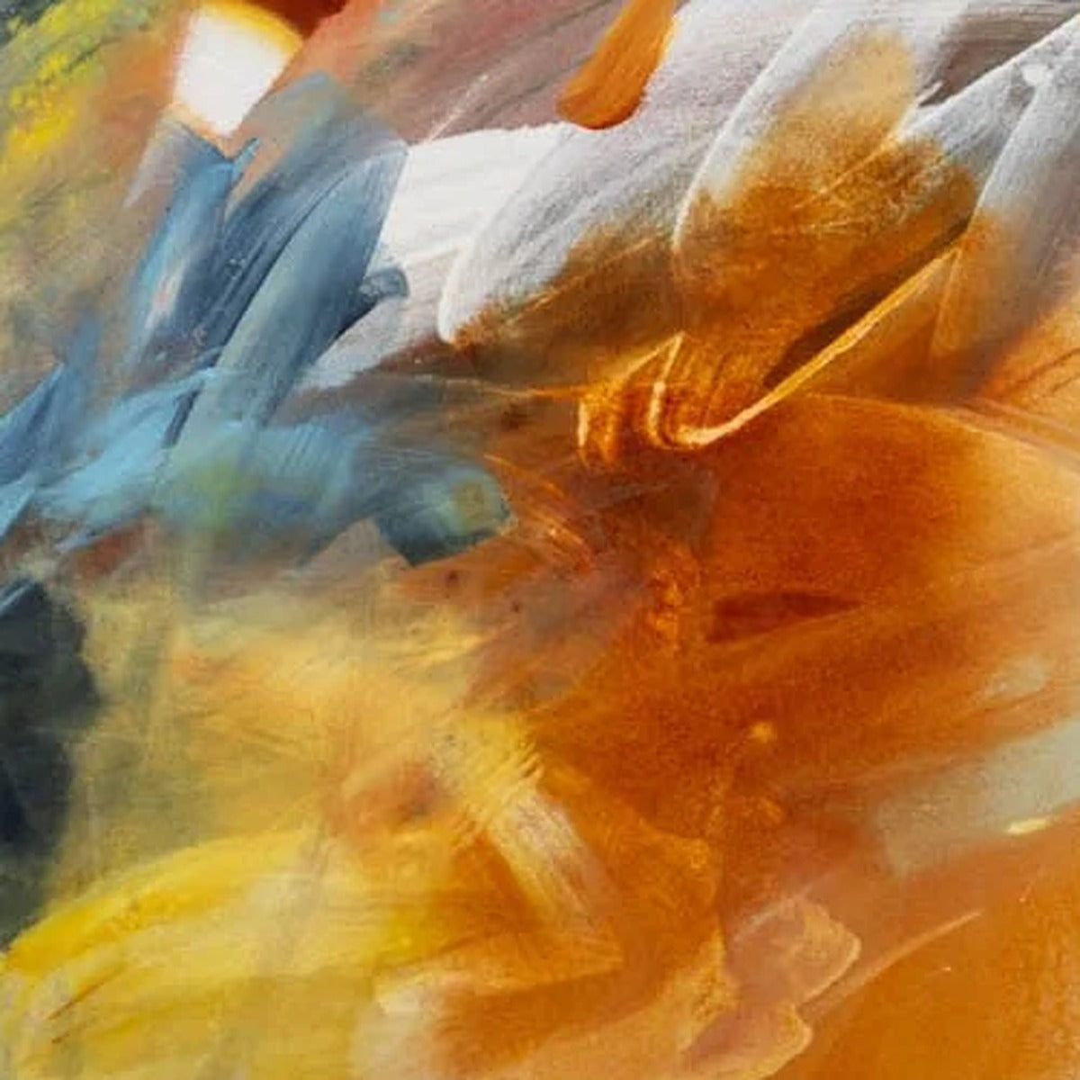 Fire in the Drift, original abstract painting by Joanna Gilbert, close detail of gold and orange brushwork with blue