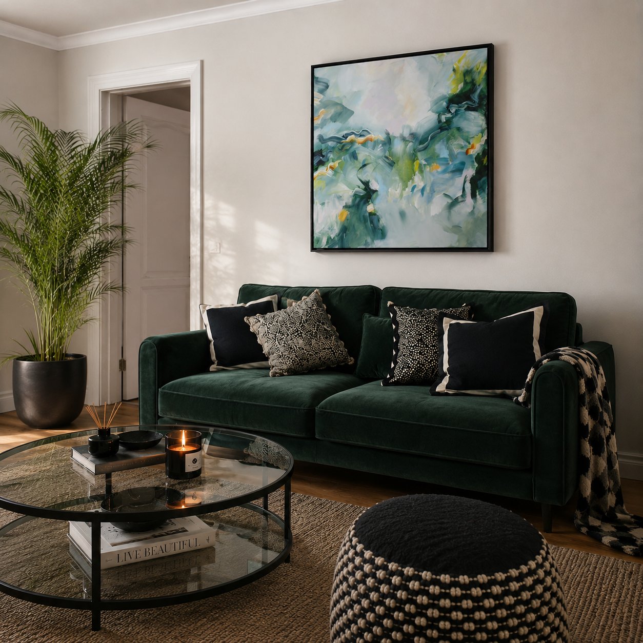 Heavenly Sounds 1 abstract framed canvas print styled above a dark green sofa in a stylish living room.