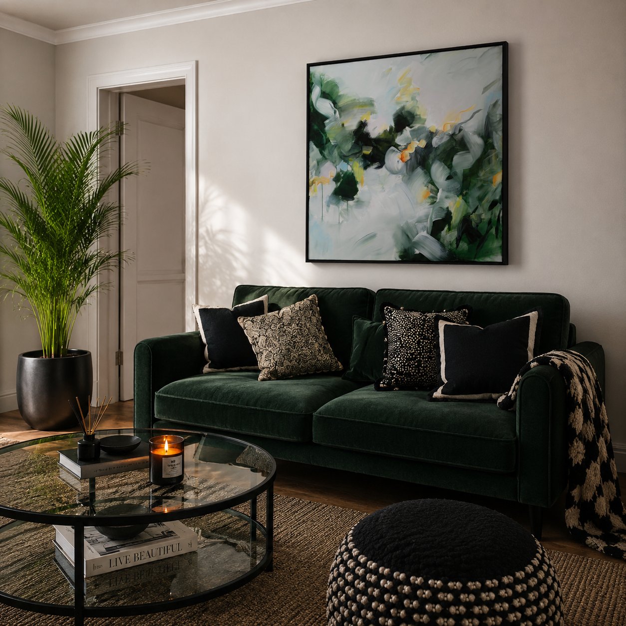 Heavenly Sounds 2 abstract framed canvas print styled above a dark green sofa in a stylish living room.