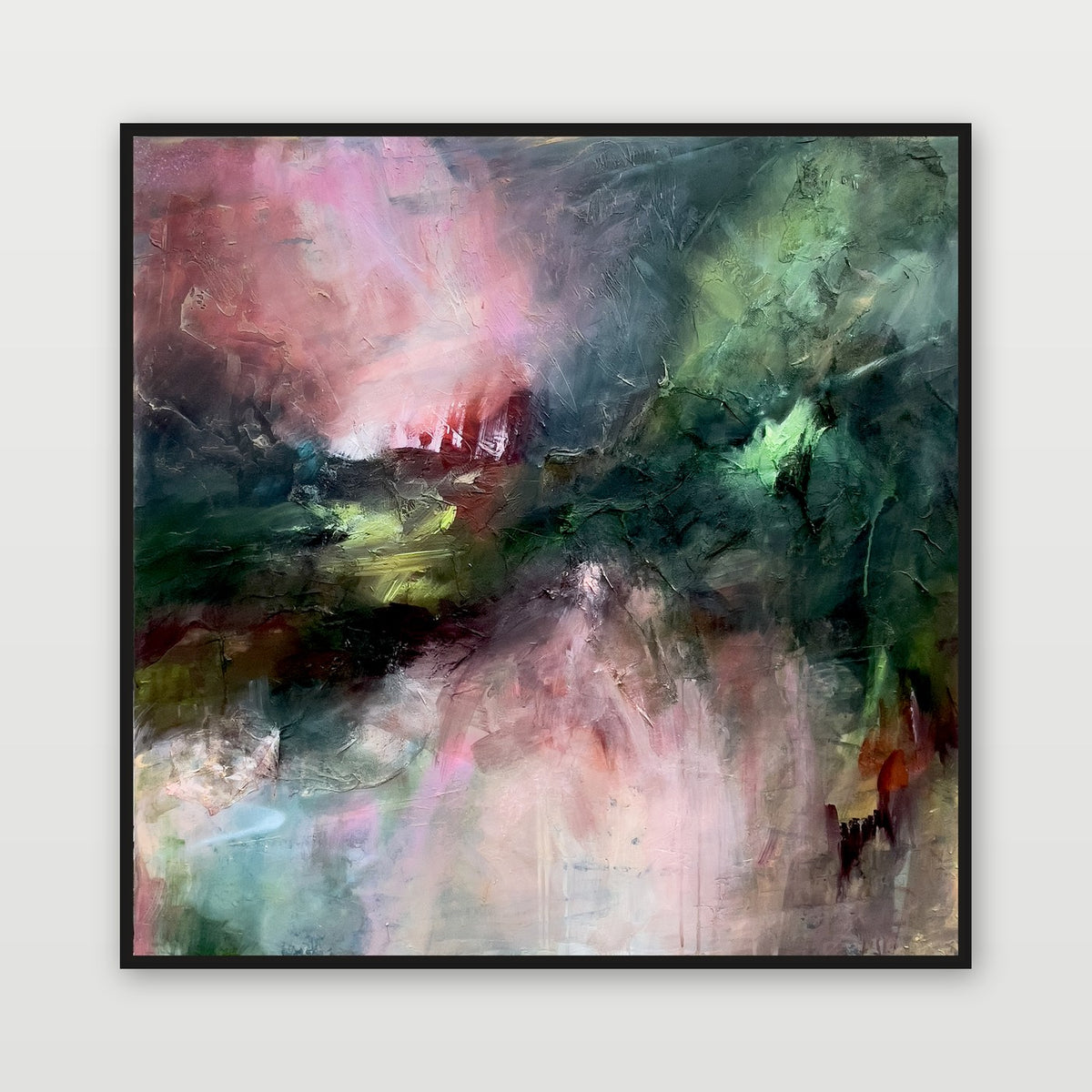 Illuminated Forest by Joanna Gilbert, shown in a black float frame