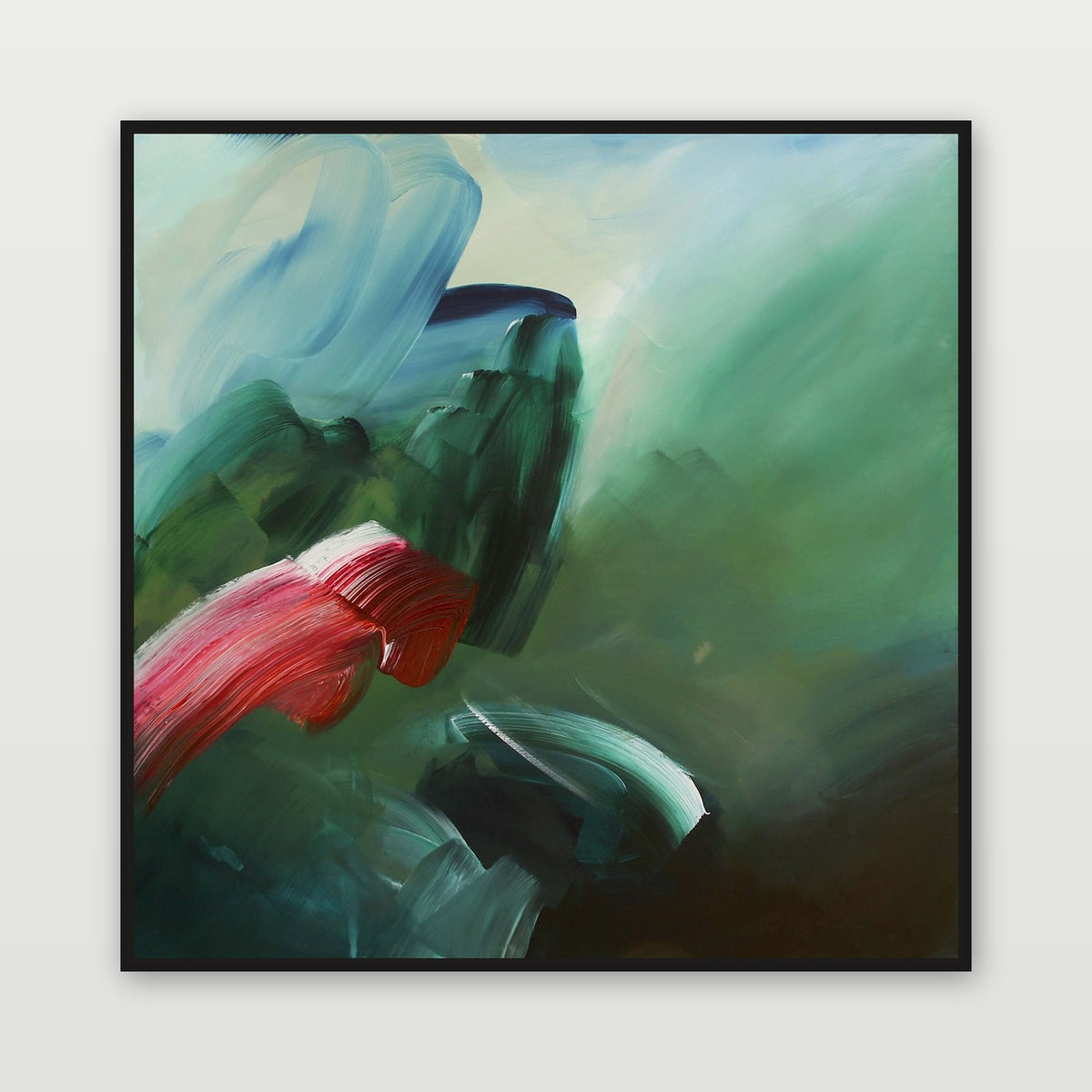 Into the Green by Joanna Gilbert, shown in a black float frame