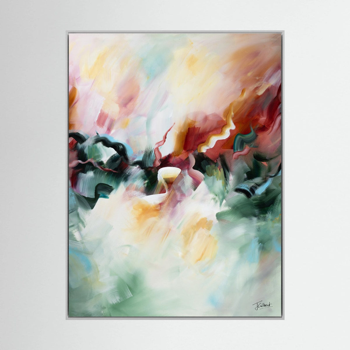 A Sunset's Embrace 1 abstract painting in a white frame, a vertical framed canvas print by Joanna Gilbert.