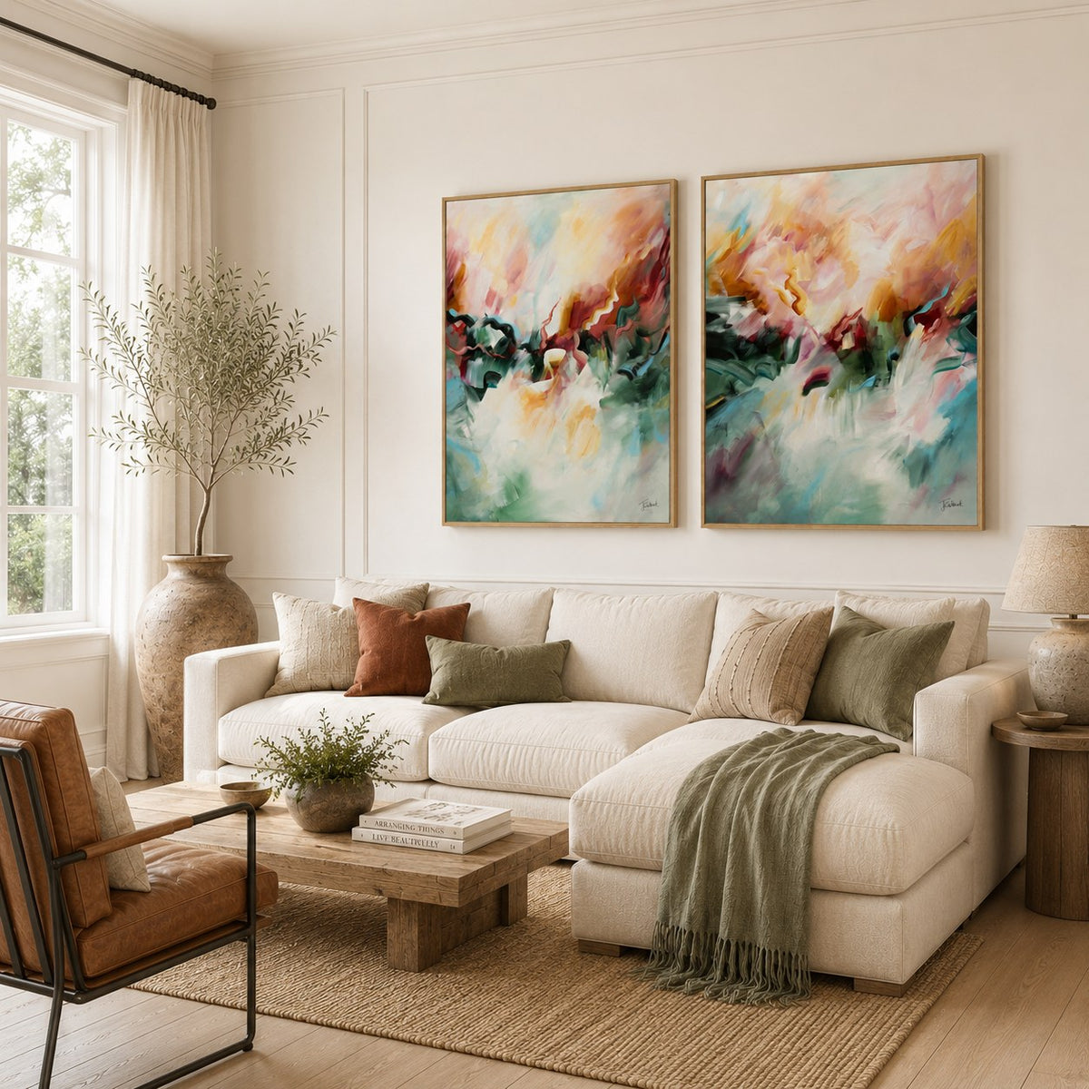 A Sunset's Embrace vertical framed canvas print pair by Joanna Gilbert, shown together on a living room wall