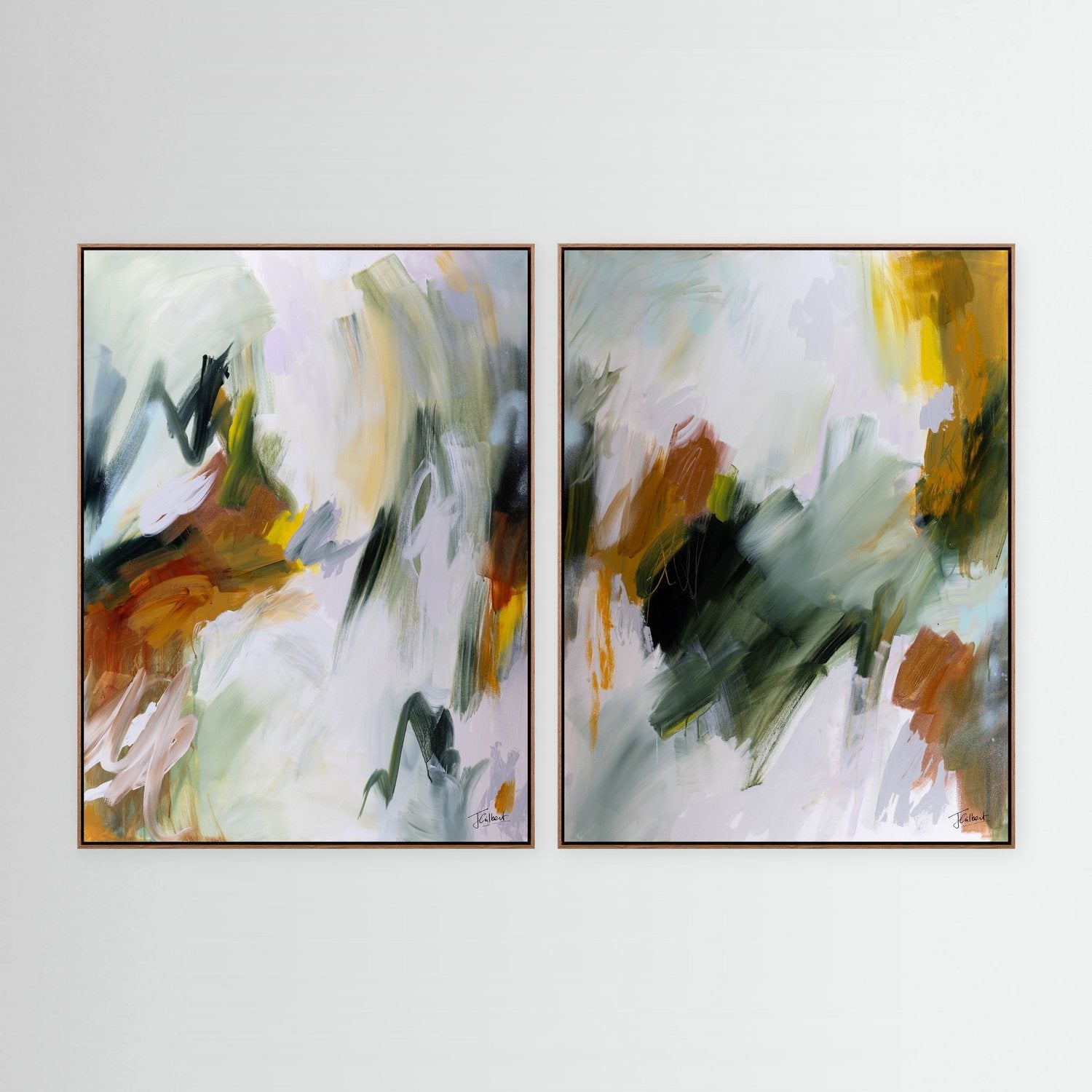 Embracing the Unknown abstract diptych in oak frames, a pair of vertical framed canvas prints by Joanna Gilbert.