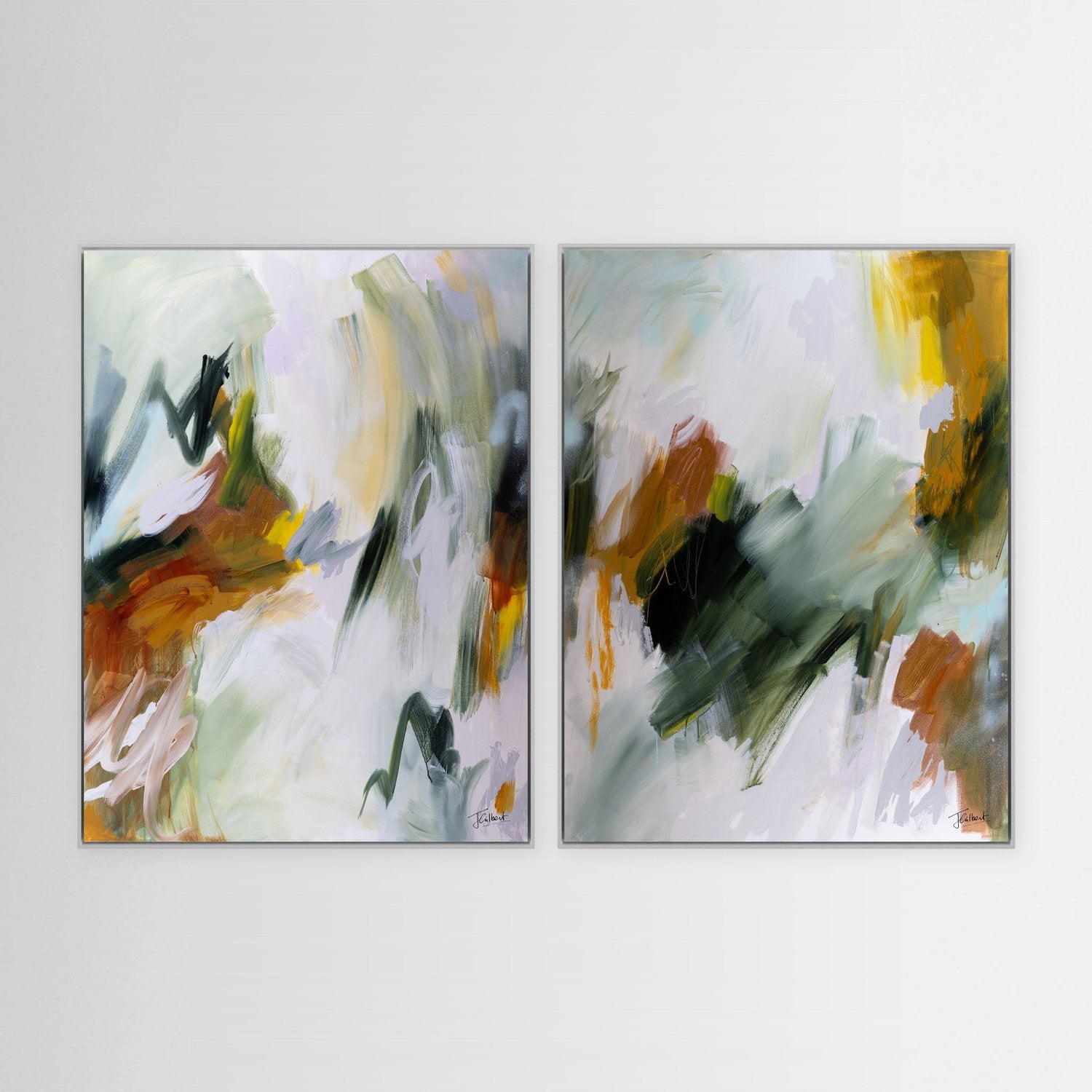 Embracing the Unknown abstract diptych in white frames, a pair of vertical framed canvas prints by Joanna Gilbert.