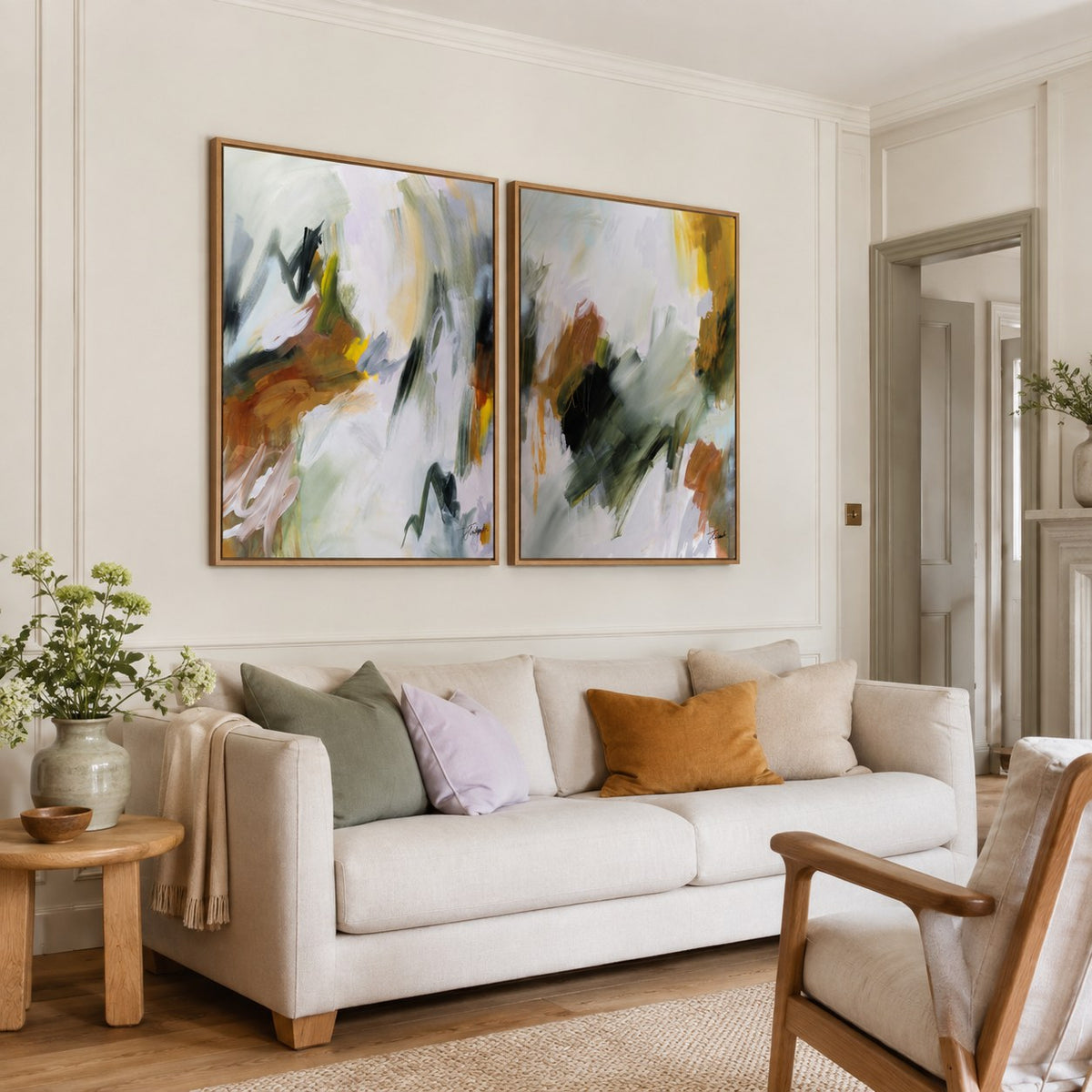 Embracing the Unknown vertical framed canvas print pair by Joanna Gilbert, shown together on a living room wall