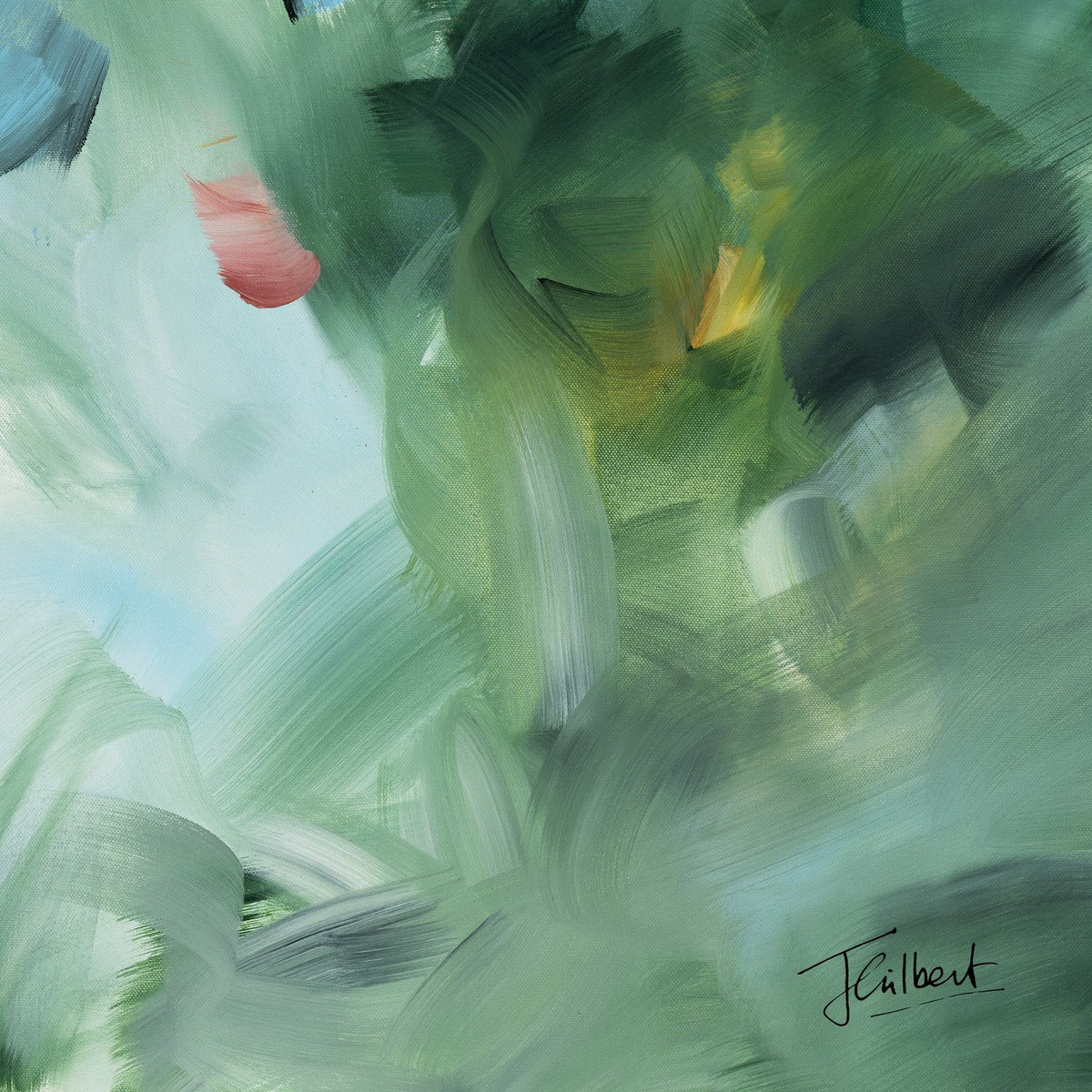 Hand signature of artist Joanna Gilbert on the Emerald Glow 1 abstract canvas print.