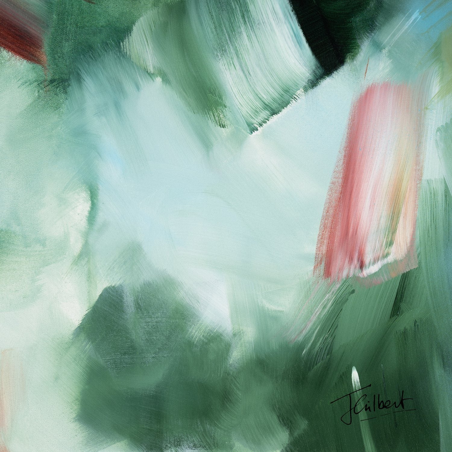 Hand signature of artist Joanna Gilbert on the Emerald Glow 2 abstract canvas print.