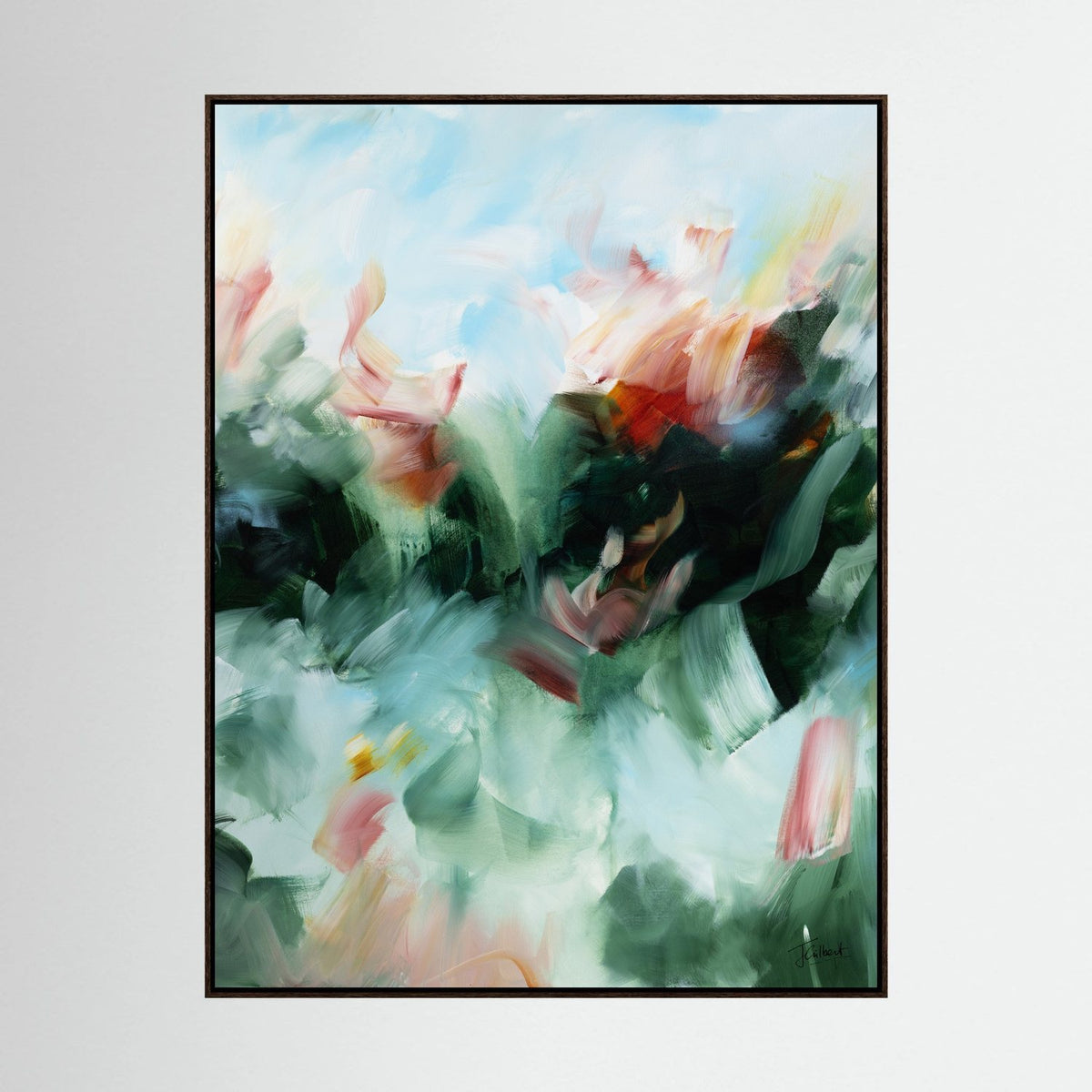 Emerald Glow 2 abstract painting in a dark oak frame, a vertical framed canvas print by Joanna Gilbert.