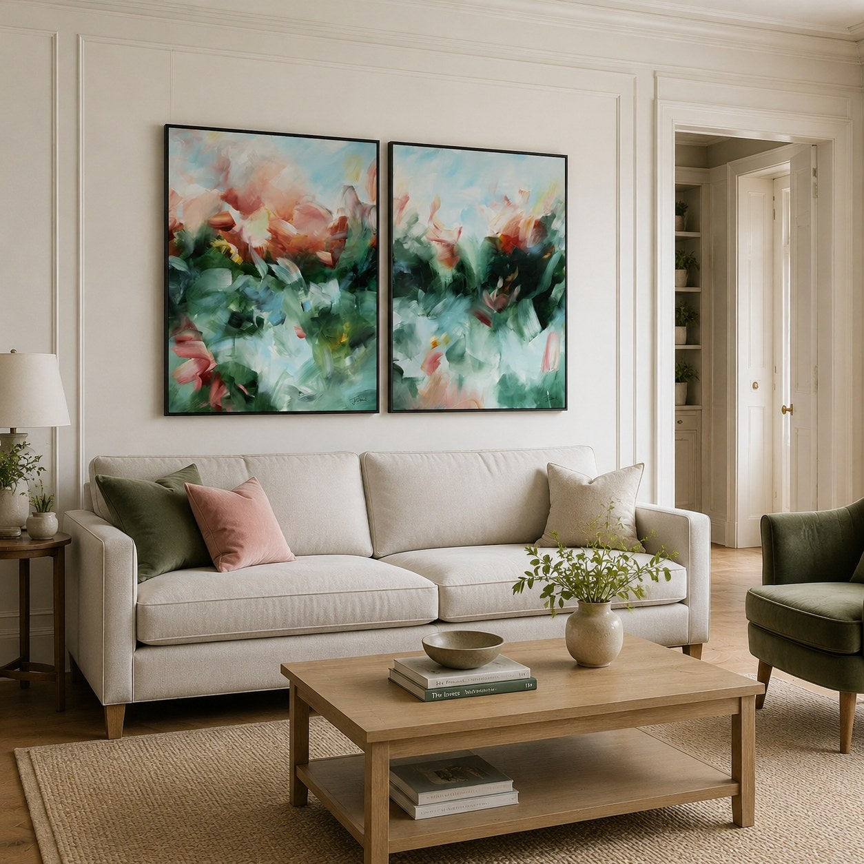 Emerald Glow vertical pair, room mockup