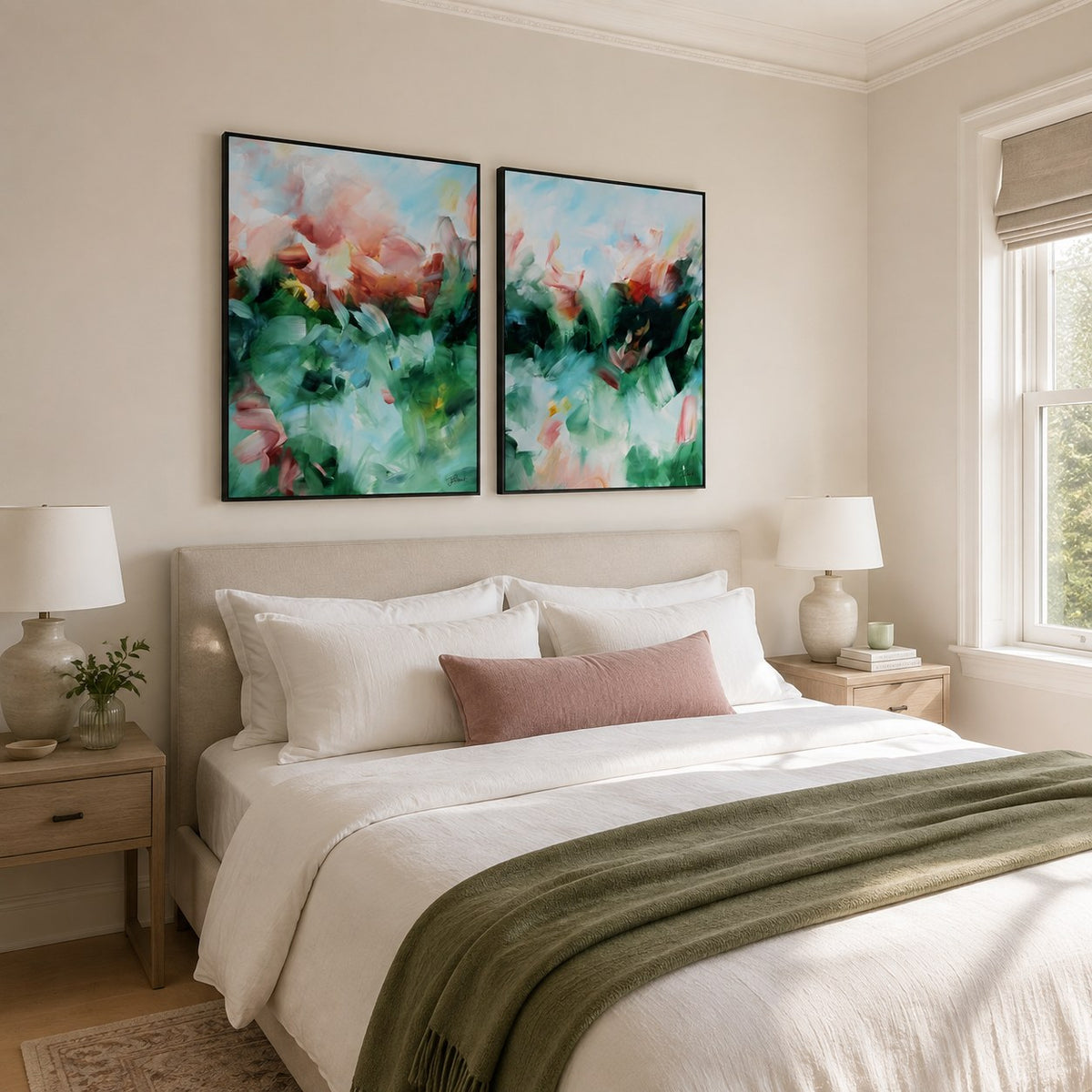 Emerald Glow vertical pair, room mockup