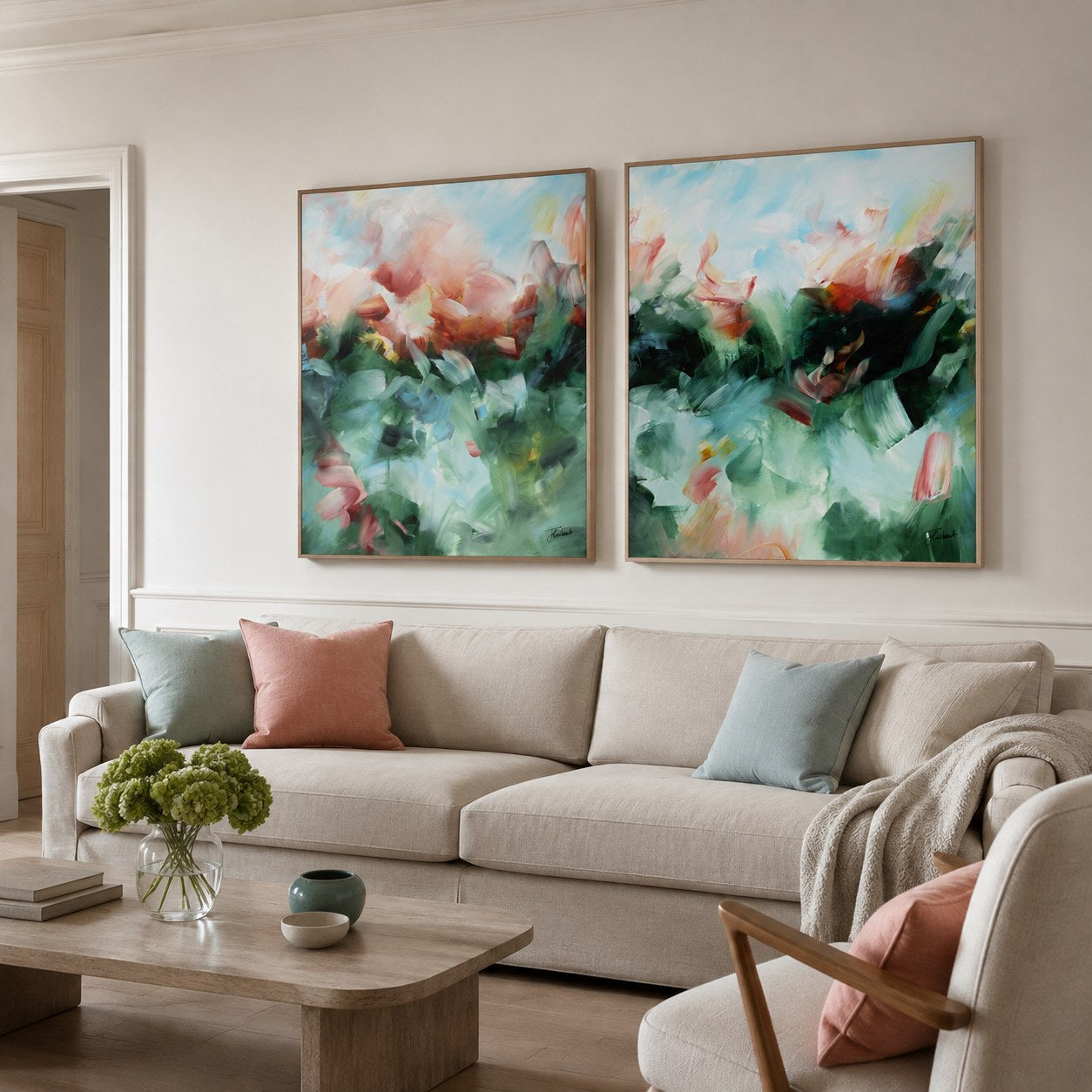 Emerald Glow vertical framed canvas print pair by Joanna Gilbert, shown together on a living room wall