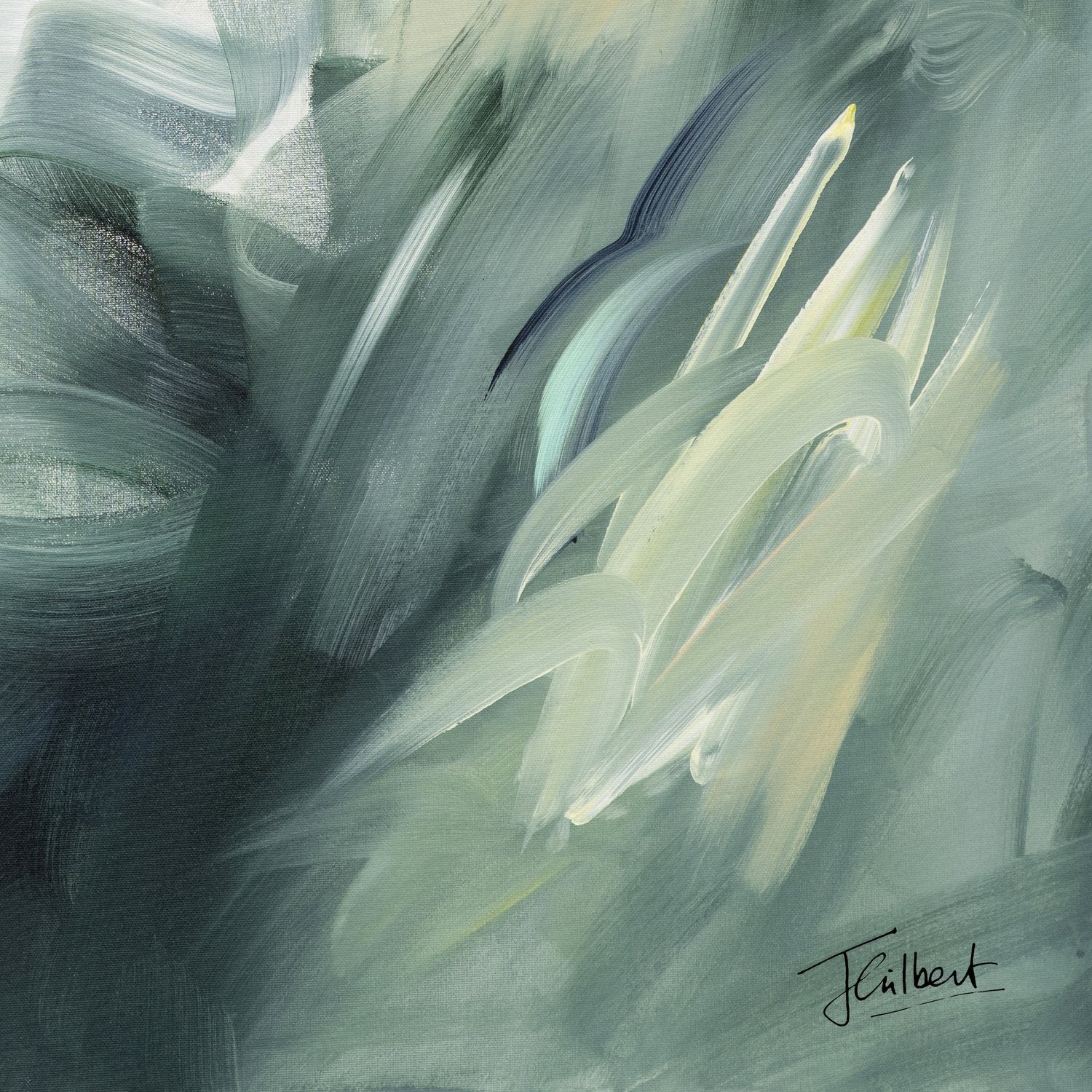Hand signature of artist Joanna Gilbert on the Evergreen Echoes 1 abstract canvas print.