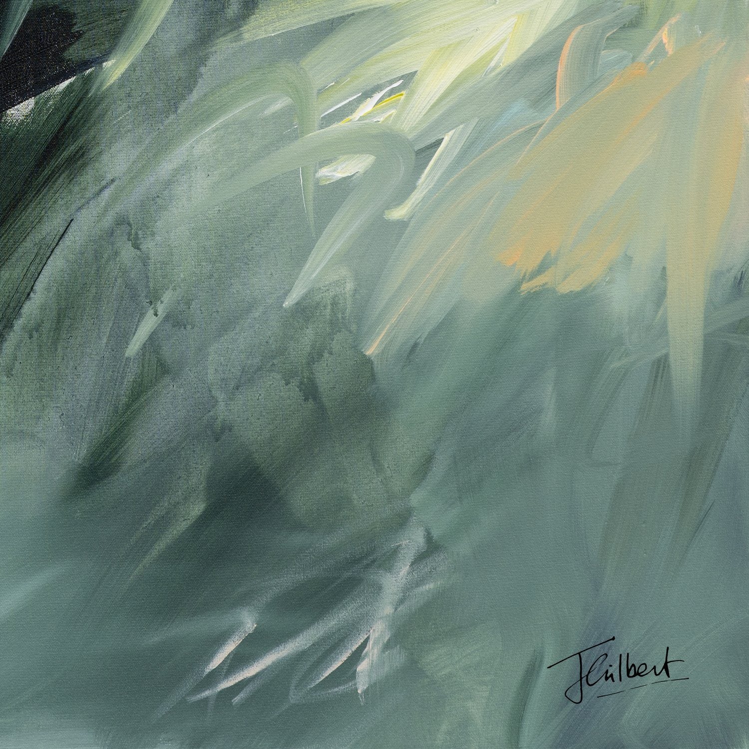 Hand signature of artist Joanna Gilbert on the Evergreen Echoes 2 abstract canvas print.