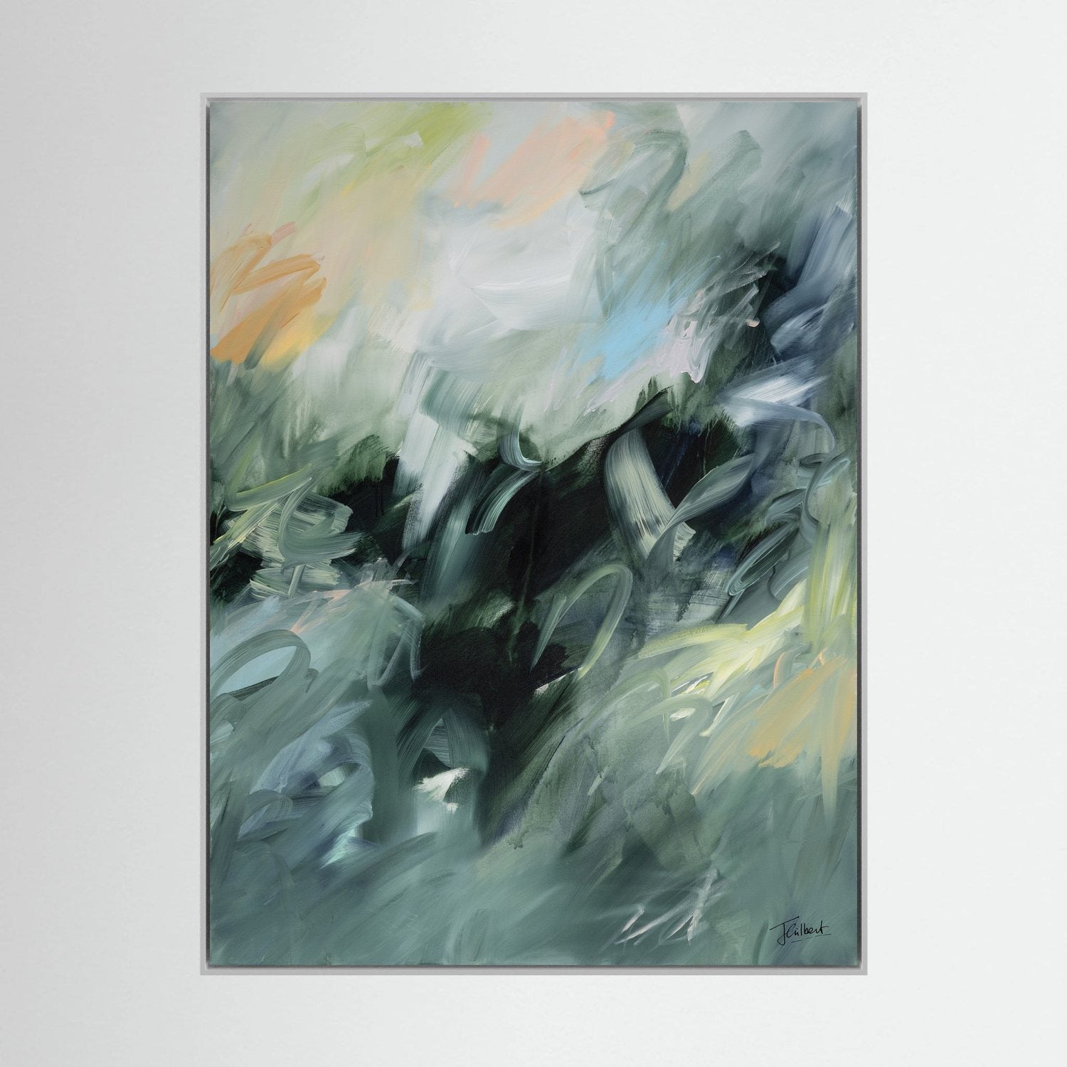 Evergreen Echoes 2 abstract painting in a white frame, a vertical framed canvas print by Joanna Gilbert.