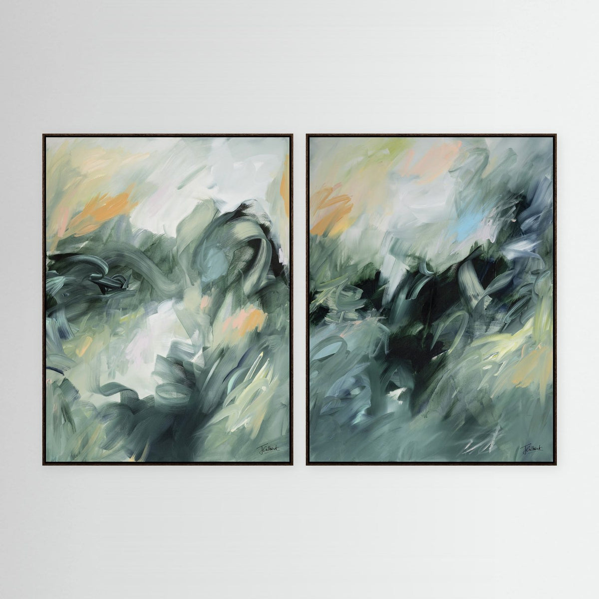 Evergreen Echoes abstract diptych in dark oak frames, a pair of vertical framed canvas prints by Joanna Gilbert.