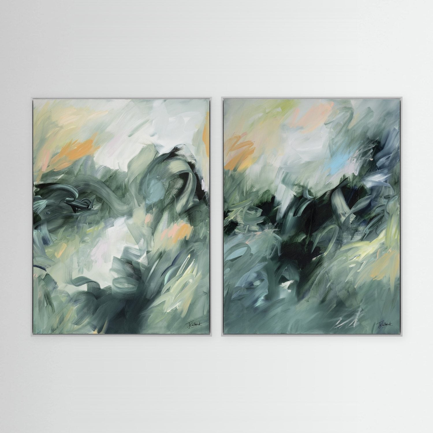 Evergreen Echoes abstract diptych in white frames, a pair of vertical framed canvas prints by Joanna Gilbert.