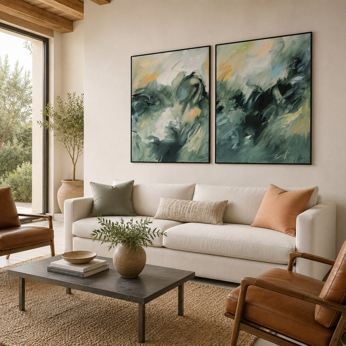 Evergreen Echoes vertical pair, room mockup