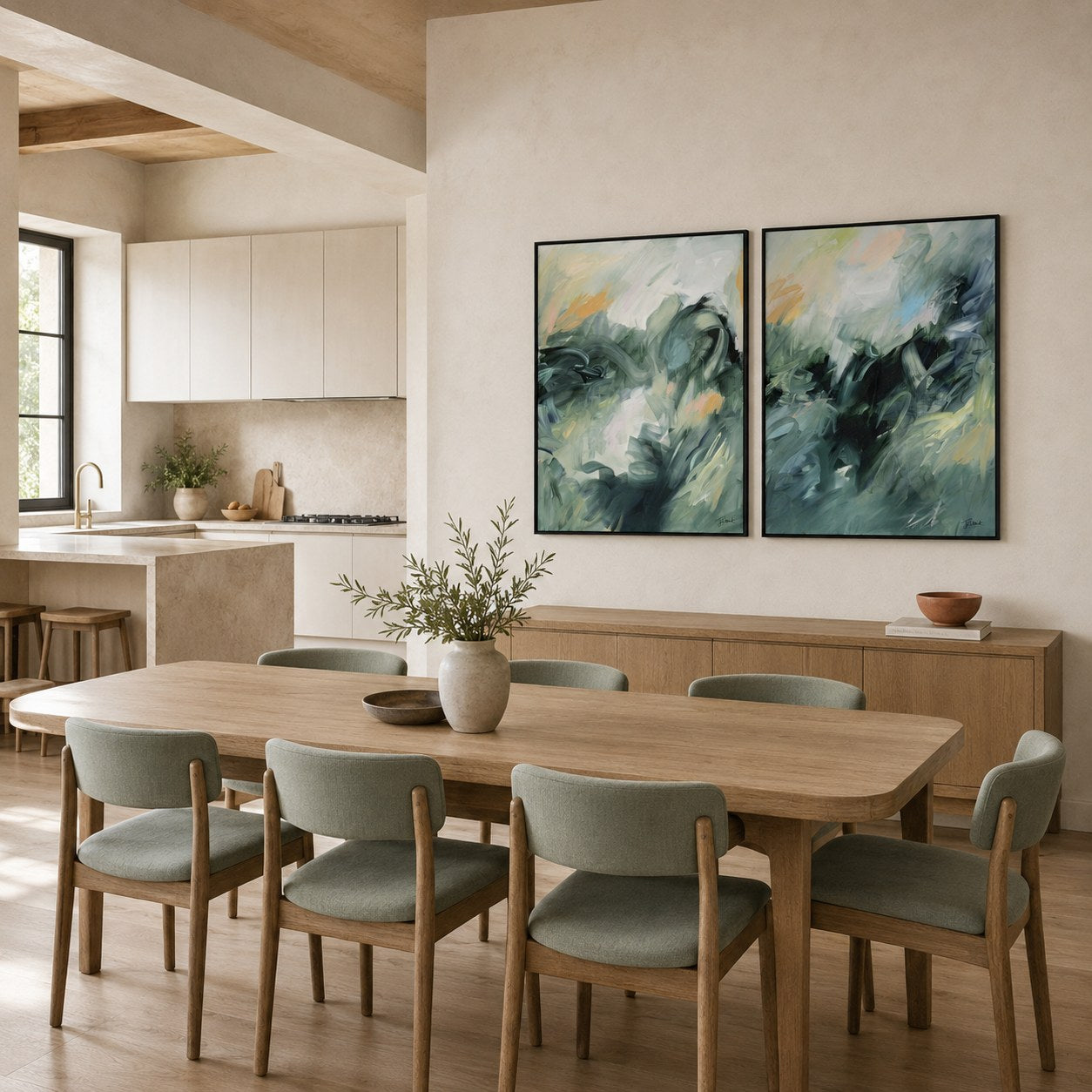 Evergreen Echoes vertical pair, room mockup