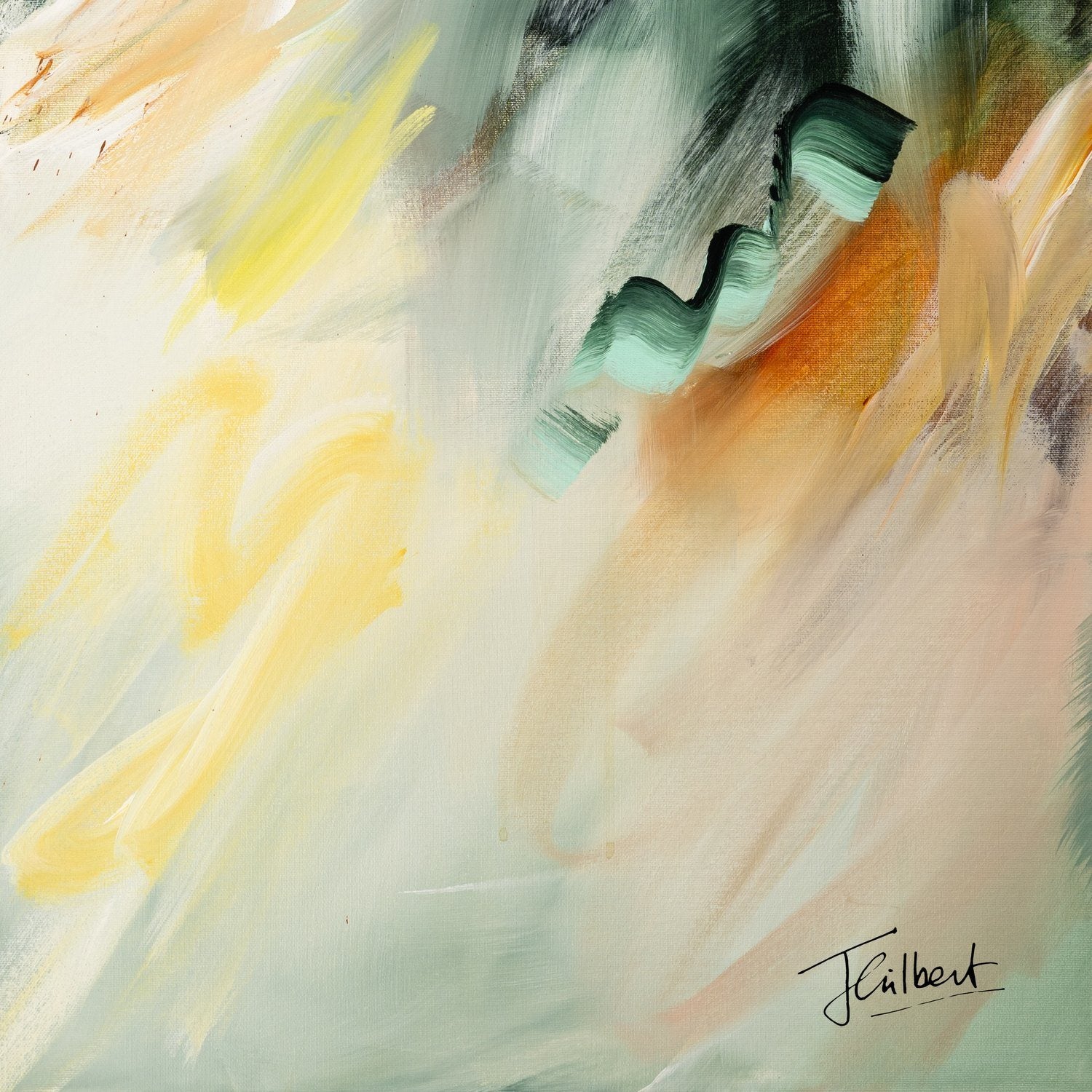 Hand signature of artist Joanna Gilbert on the Golden Drift abstract canvas print.