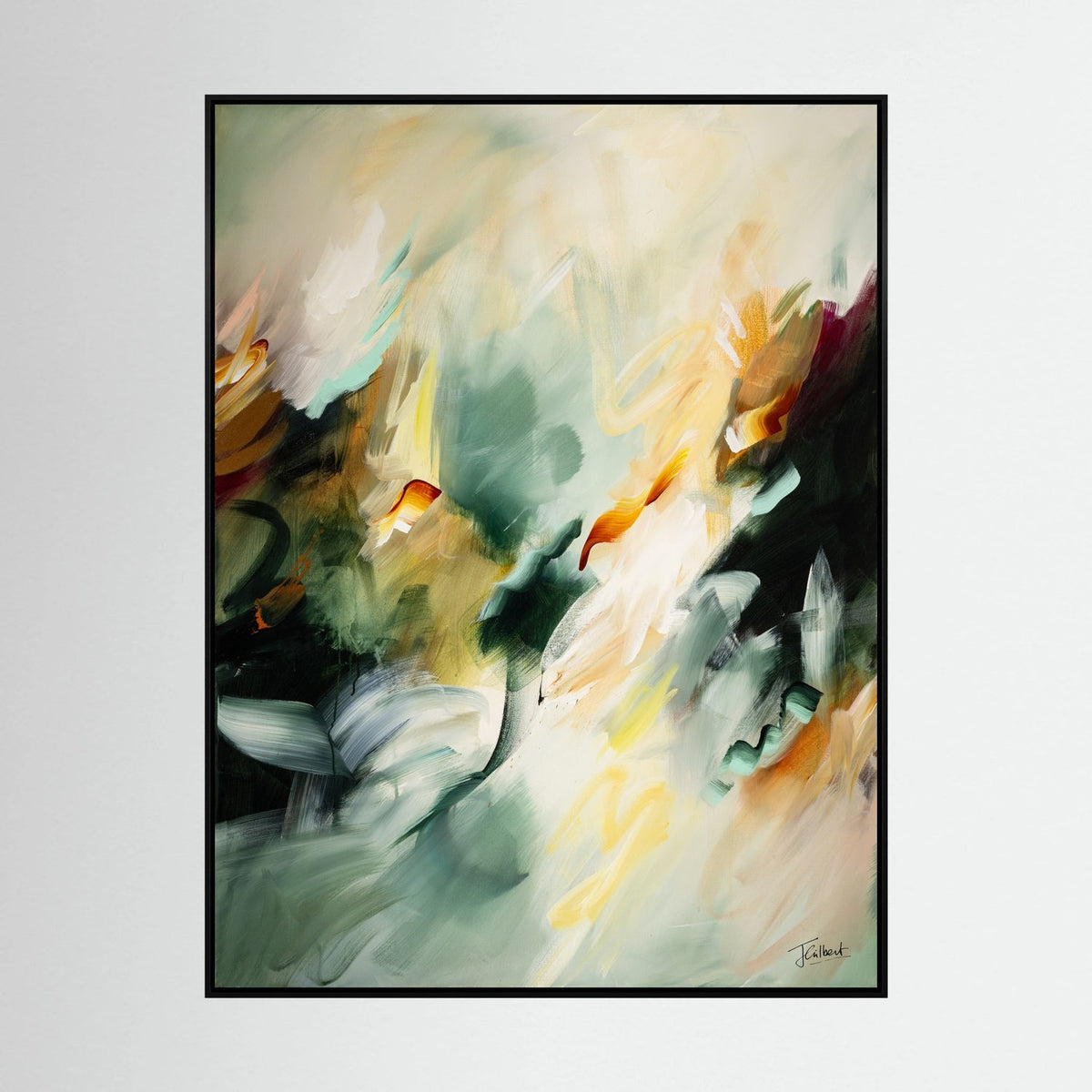 Golden Drift 1 abstract painting in a black frame, a vertical framed canvas print by Joanna Gilbert.