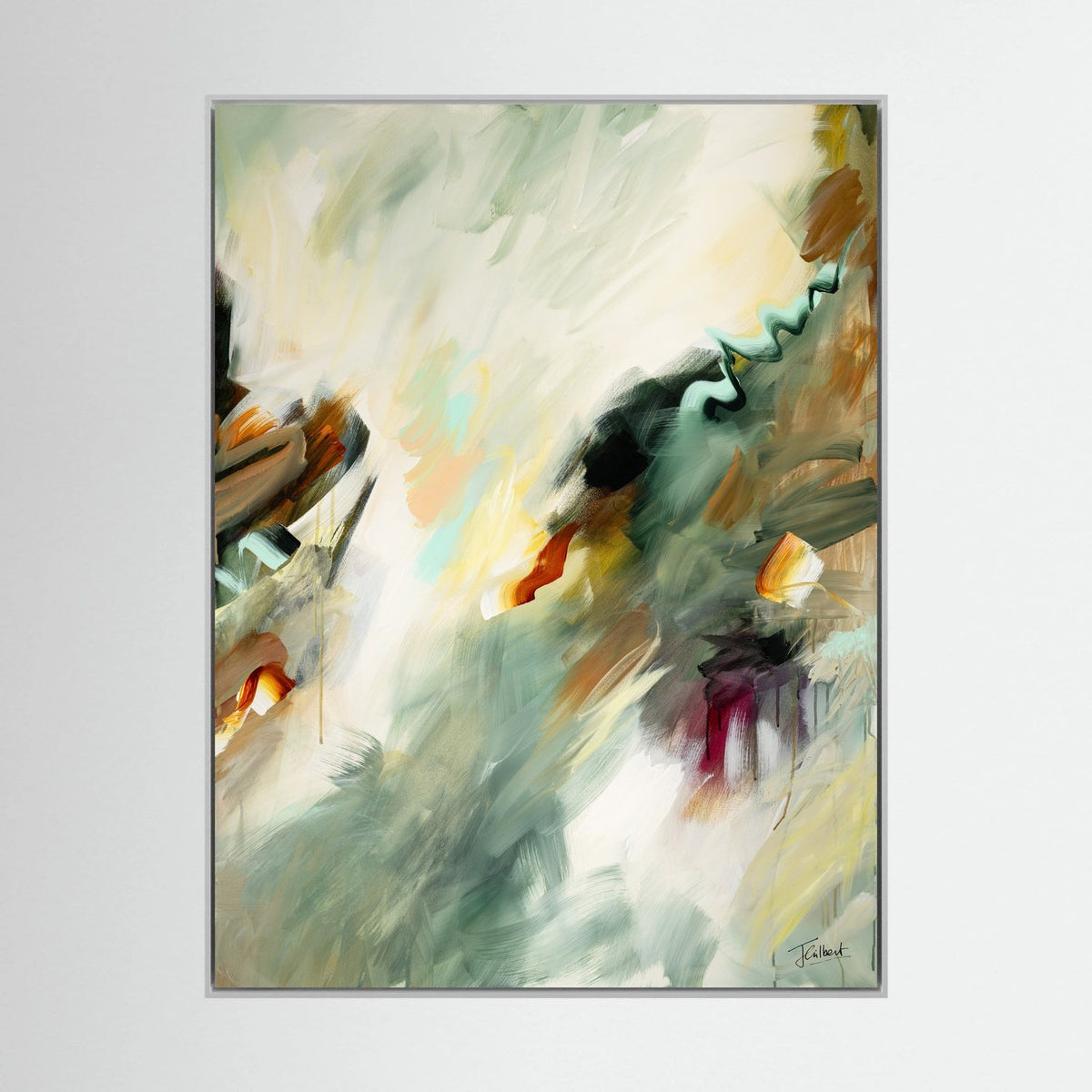 Golden Drift 2 abstract painting in a white frame, a vertical framed canvas print by Joanna Gilbert.