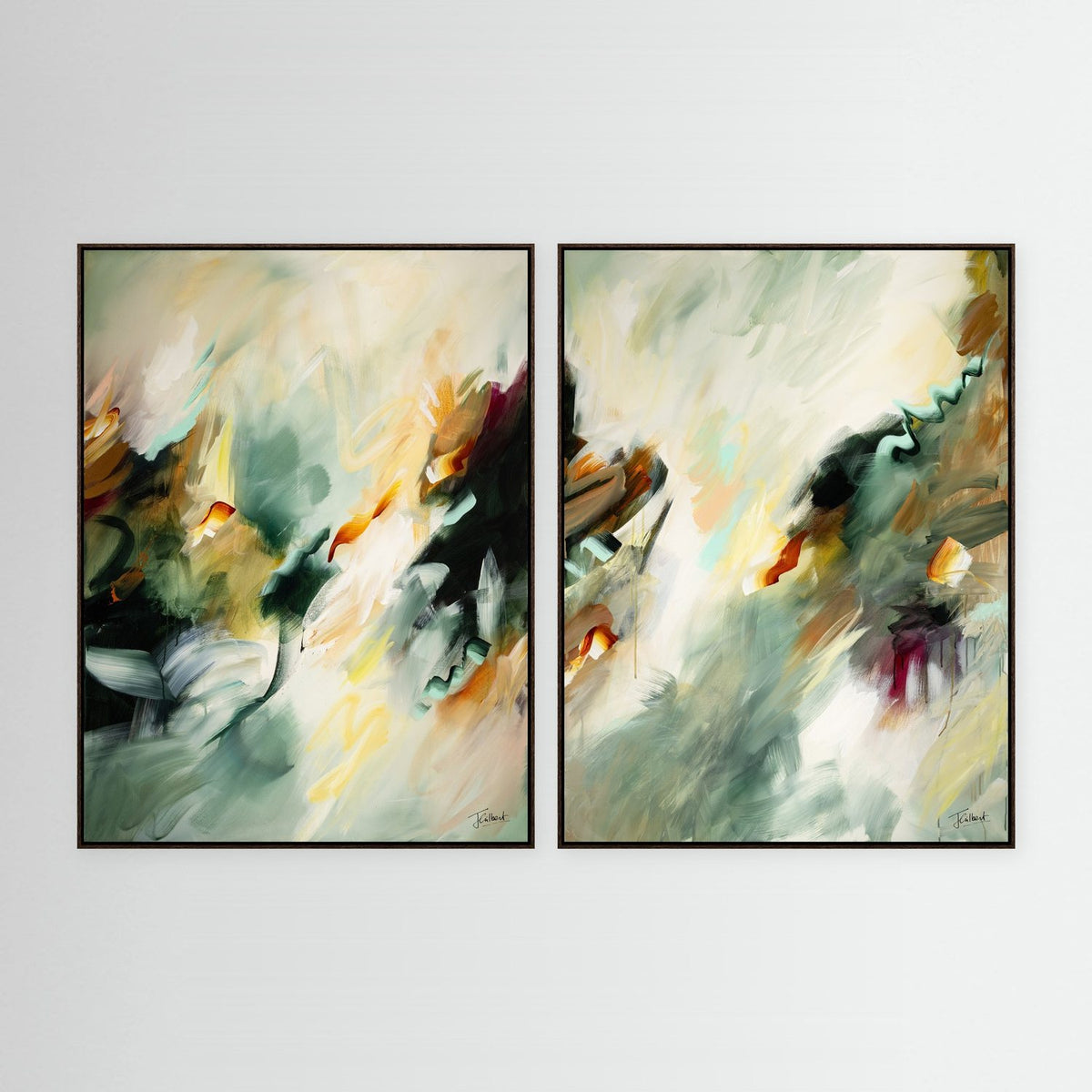 Golden Drift abstract diptych in dark oak frames, a pair of vertical framed canvas prints by Joanna Gilbert.