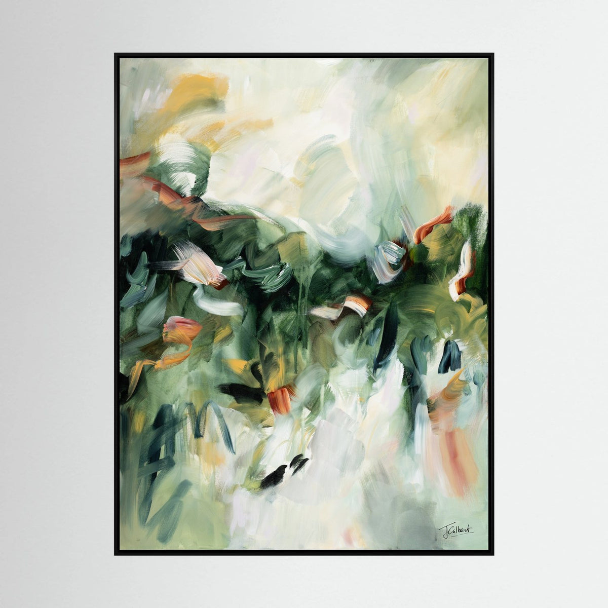 Movement in Green 1 abstract painting in a black frame, a vertical framed canvas print by Joanna Gilbert.